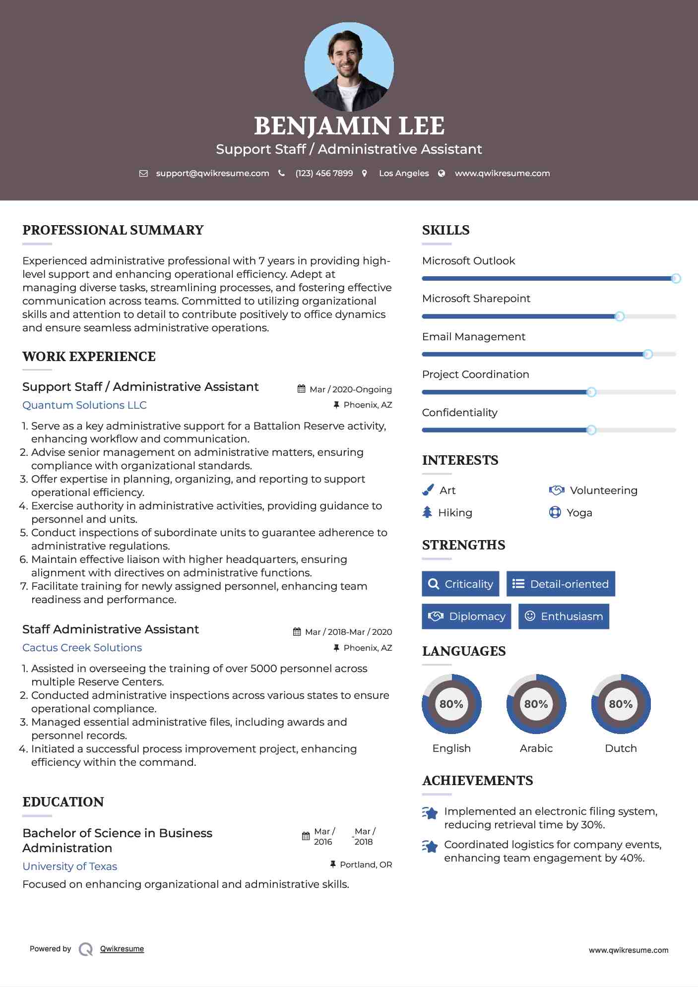 Support Staff / Administrative Assistant
 Resume Format