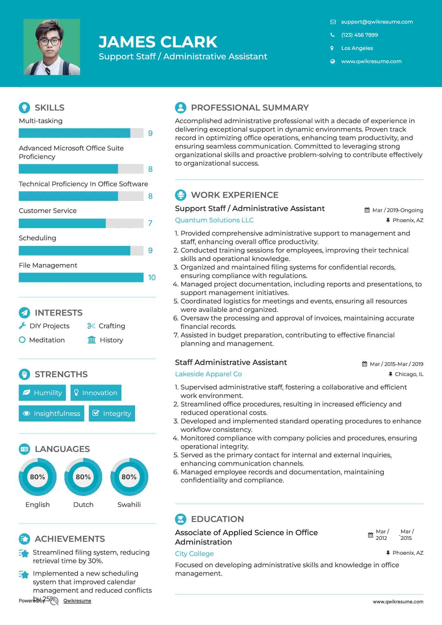 Support Staff / Administrative Assistant
 Resume Format