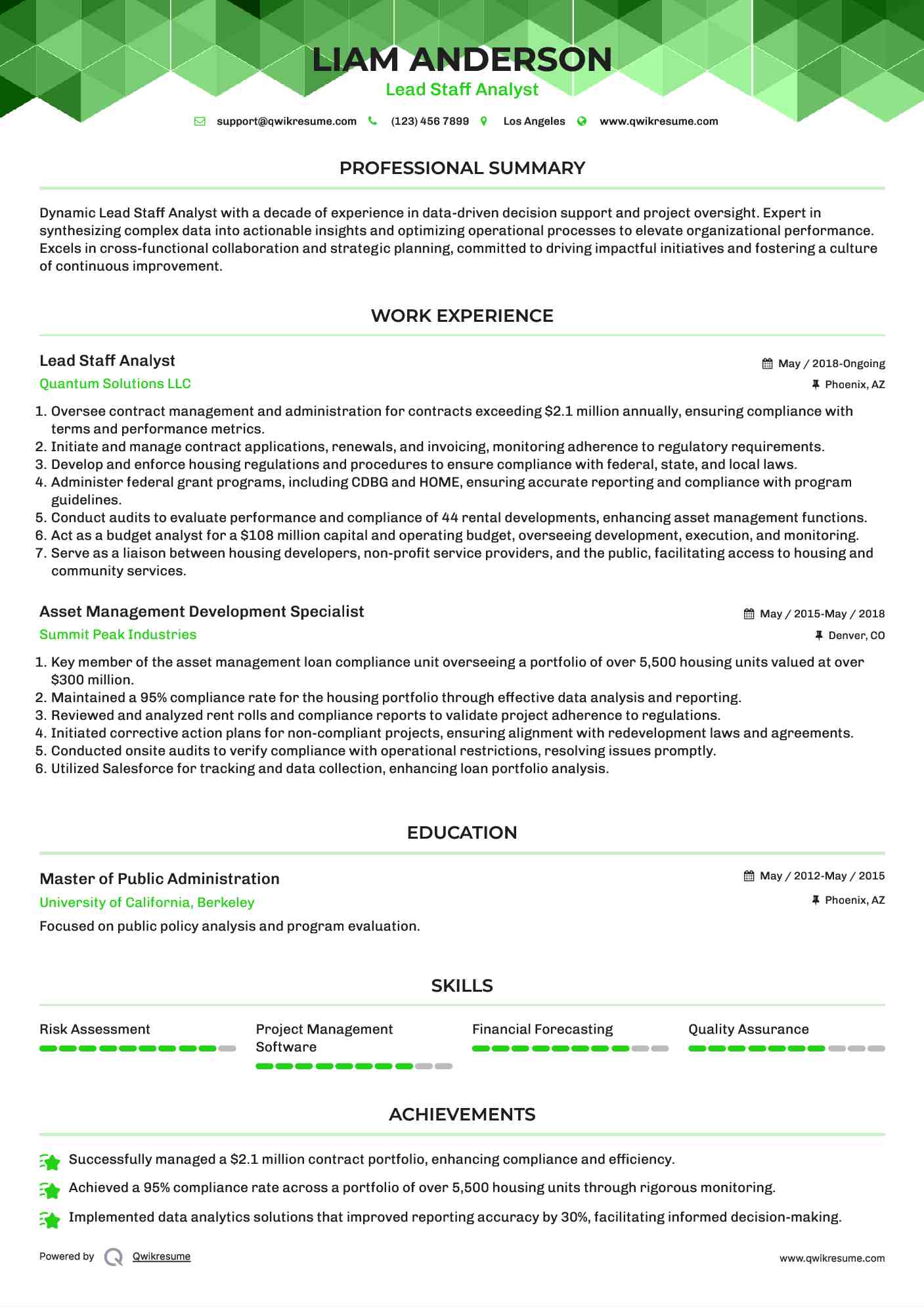 Lead Staff Analyst Resume Example