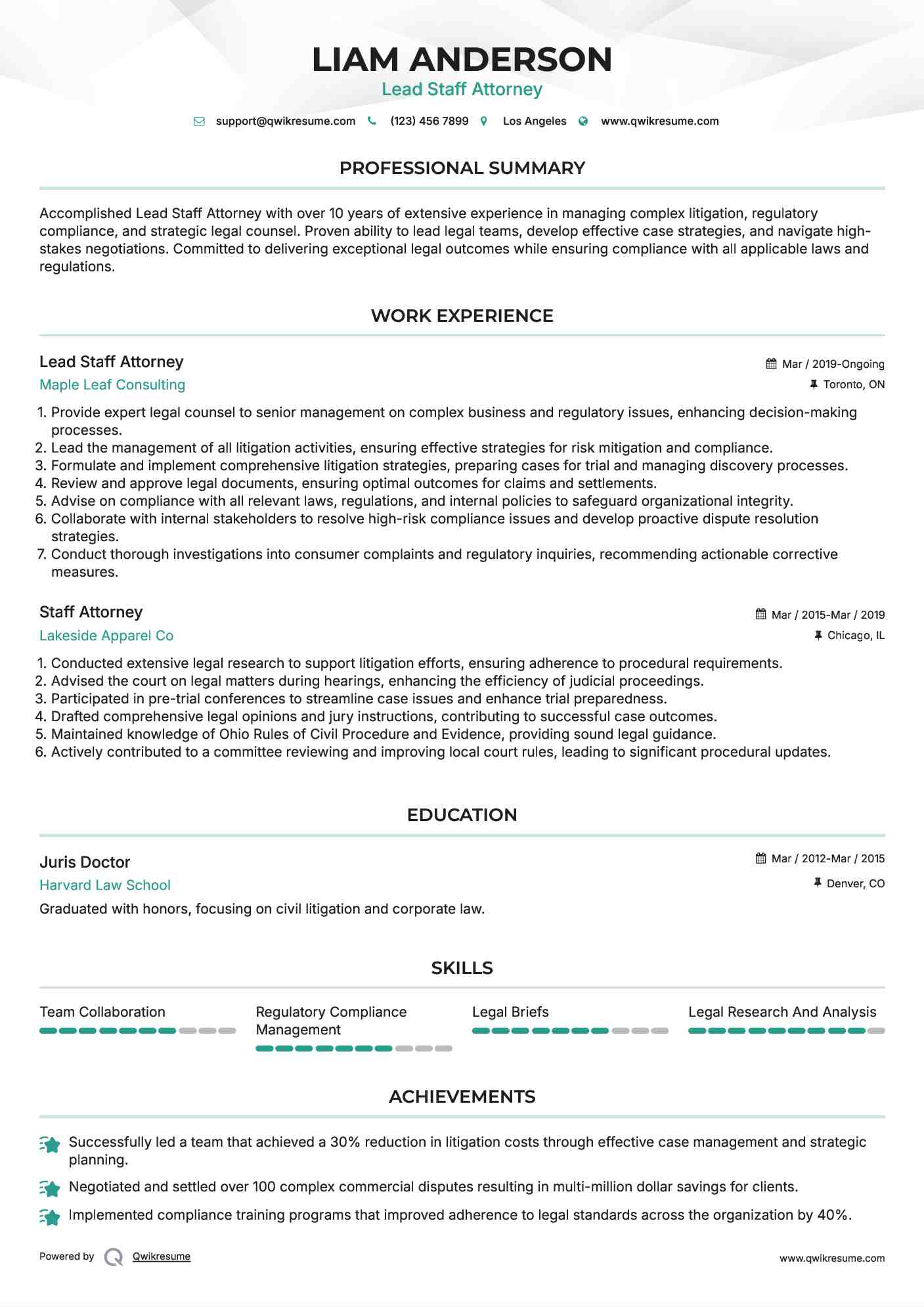 Lead Staff Attorney Resume Example