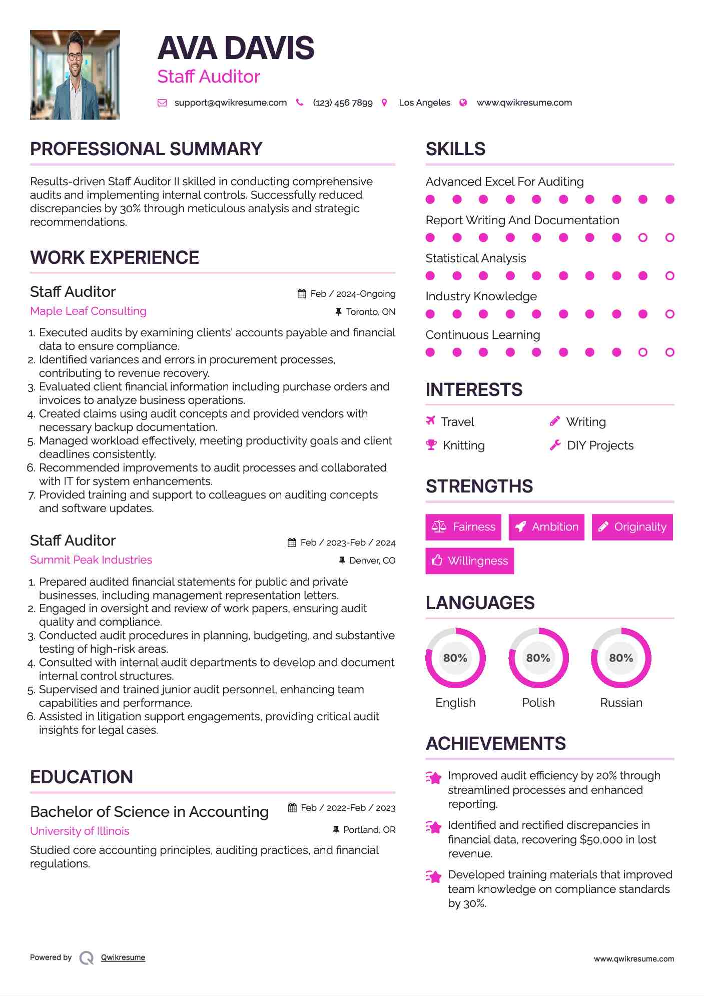 Staff Auditor  Resume Example