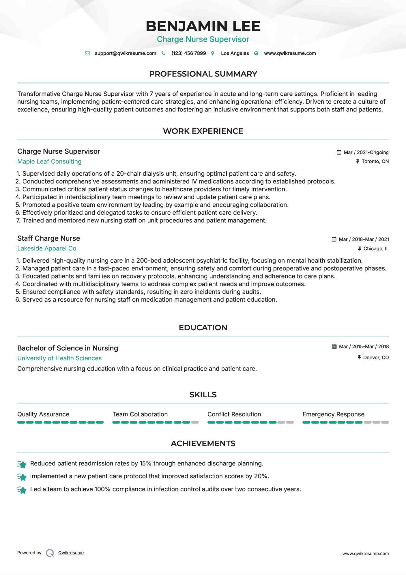 Charge Nurse Supervisor Resume Format