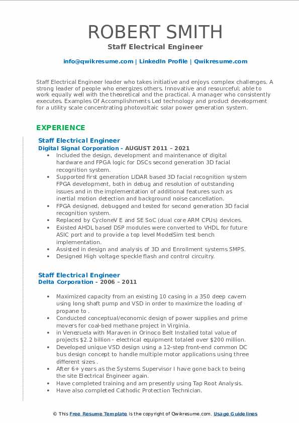 Staff Electrical Engineer Resume Samples QwikResume