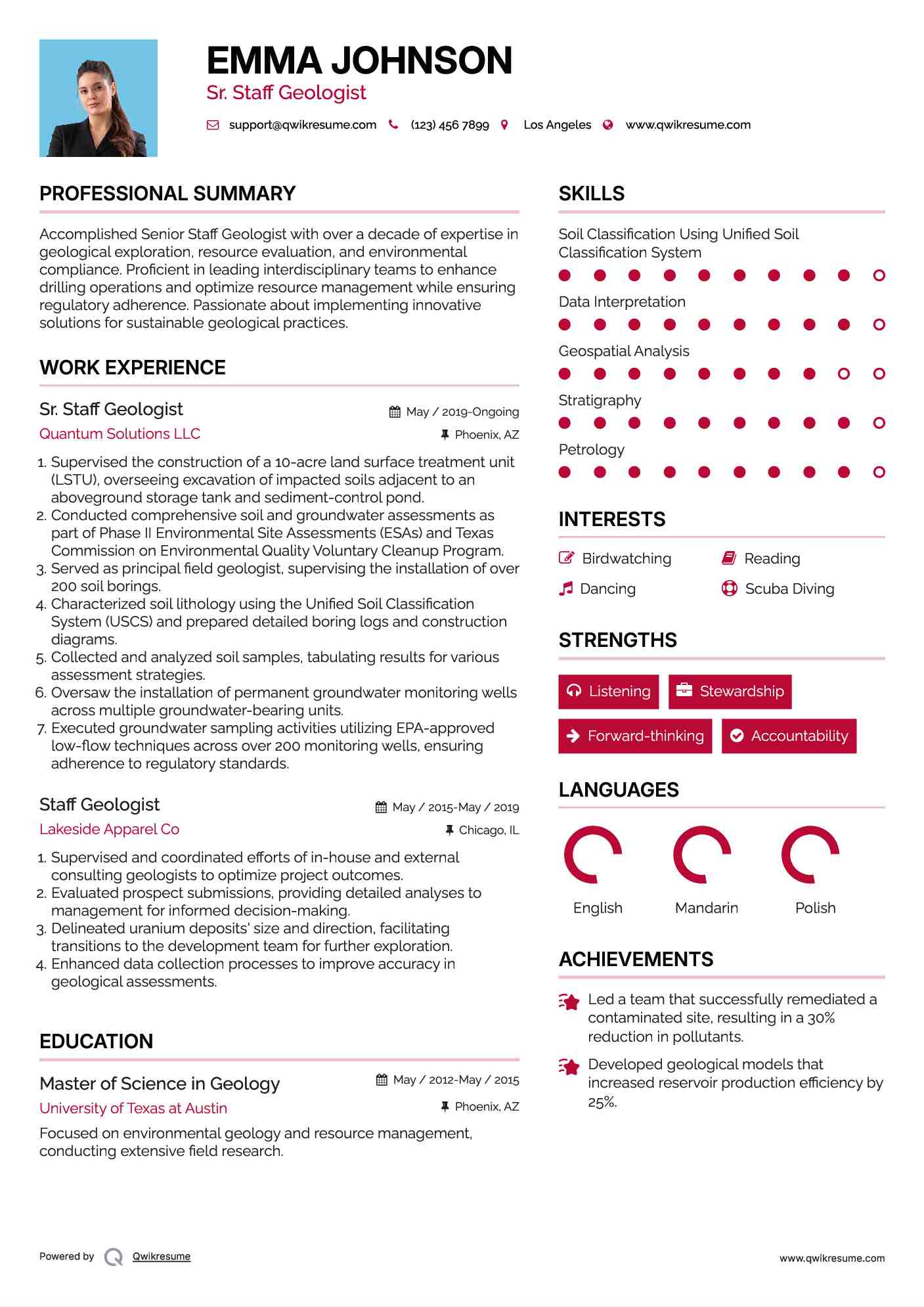 Sr. Staff Geologist Resume Model