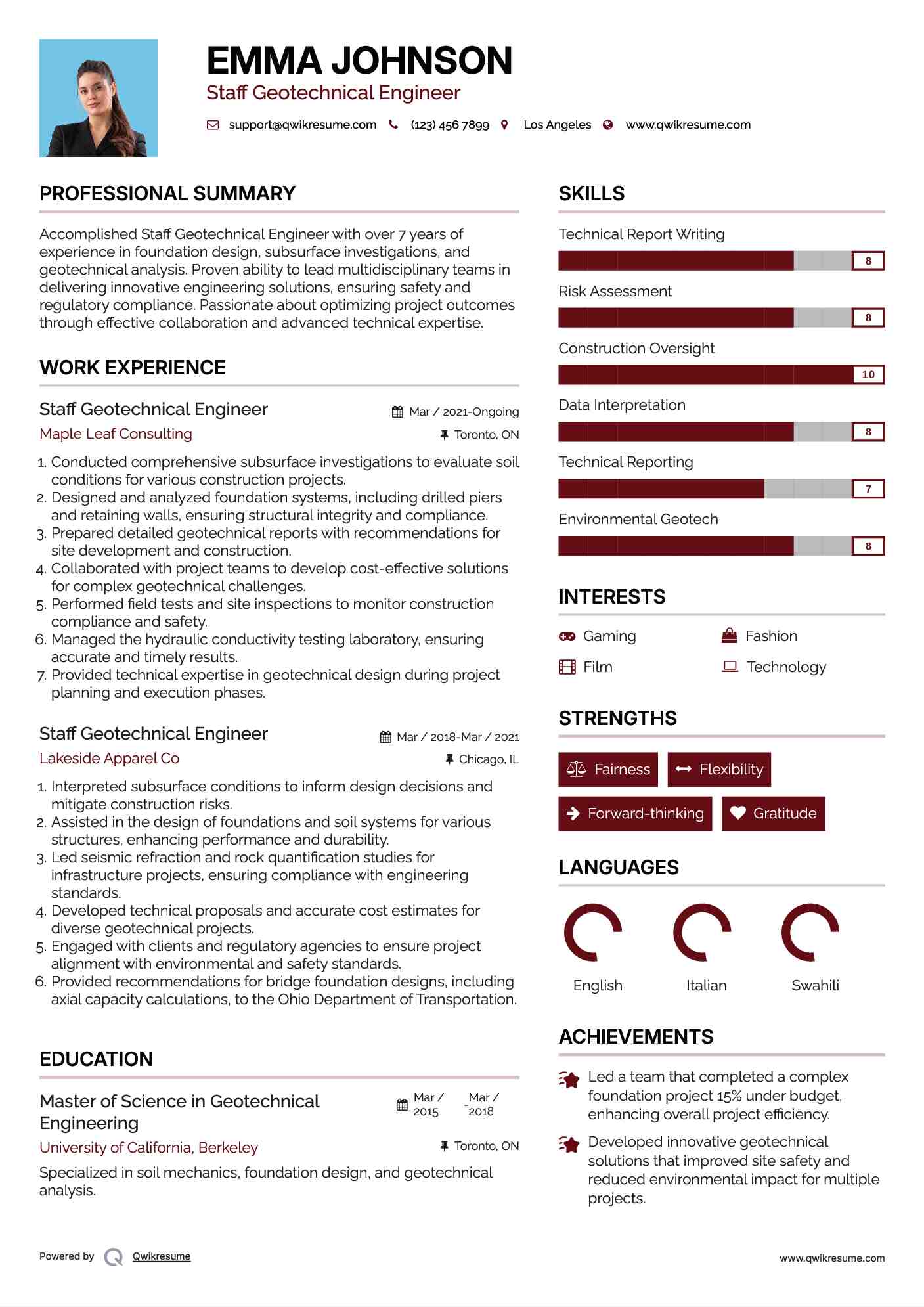 Staff Geotechnical Engineer Resume Sample