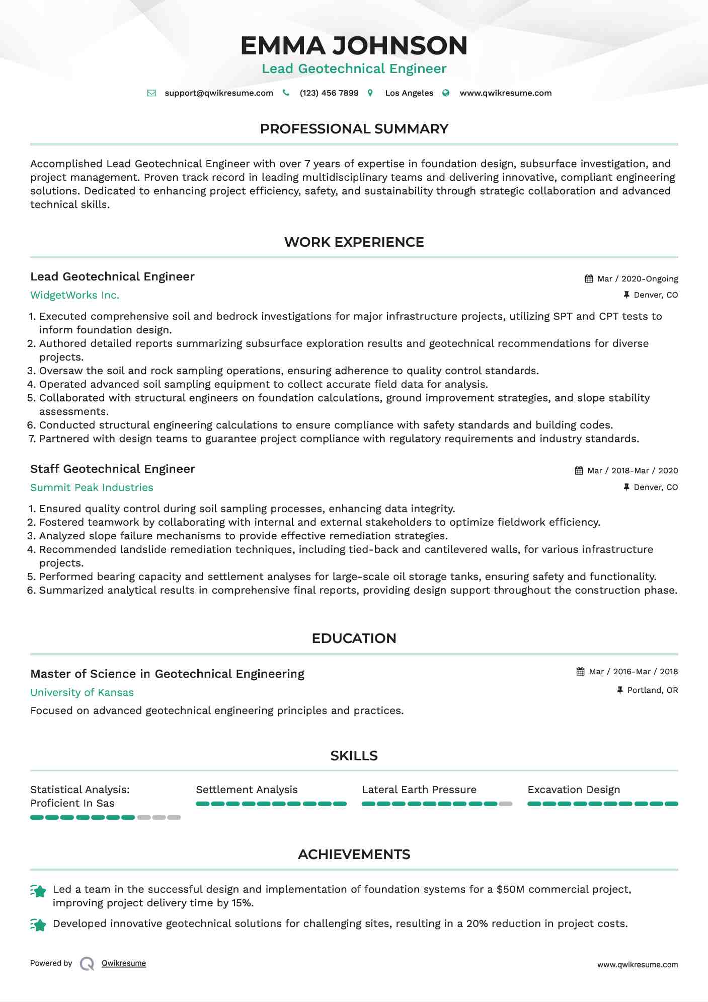Lead Geotechnical Engineer Resume Model