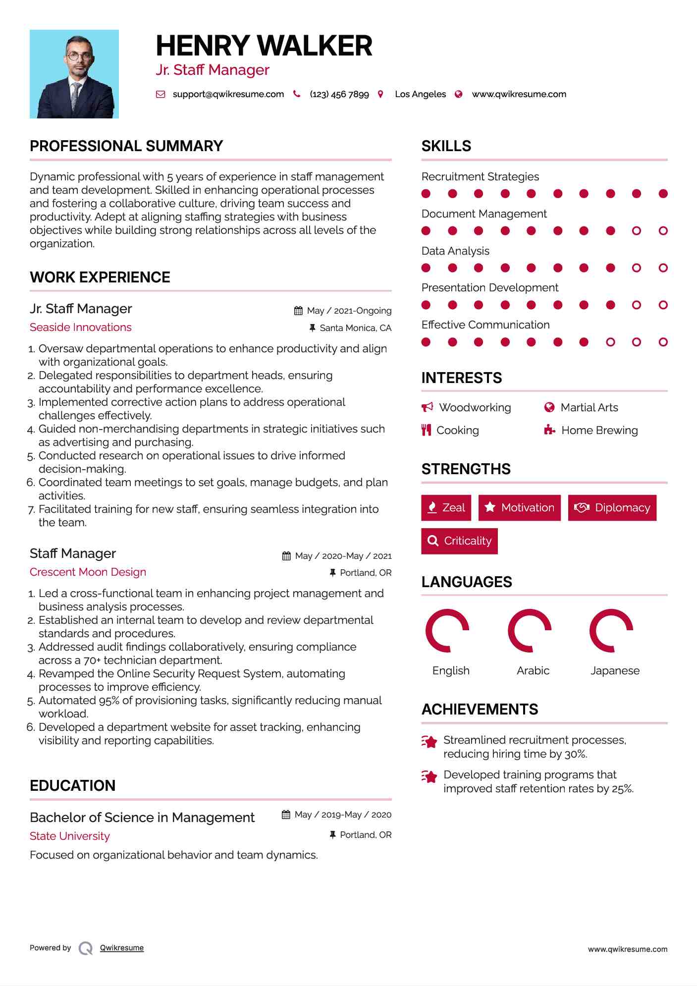 Jr. Staff Manager Resume Template