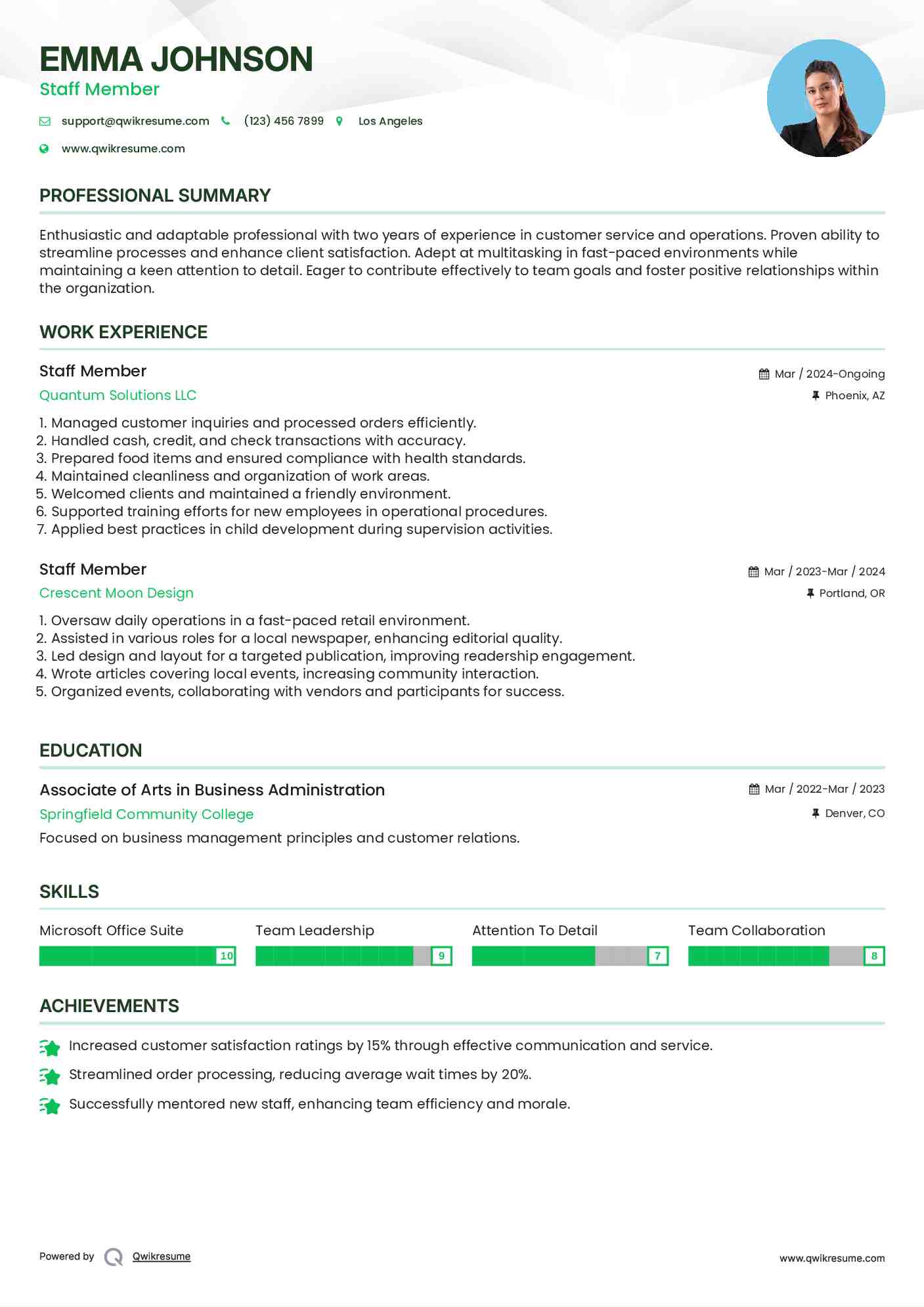 Staff Member Resume Sample