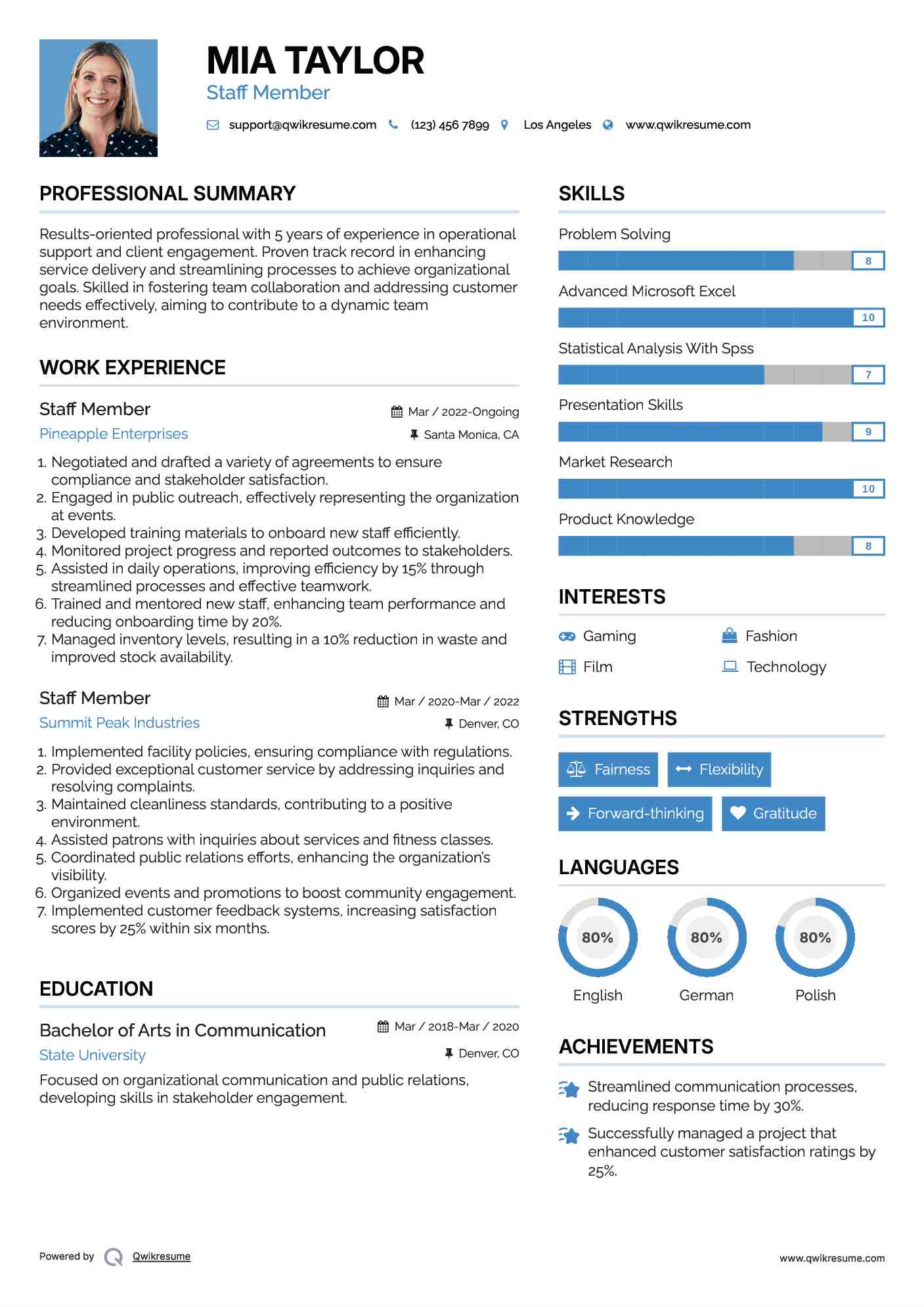 Staff Member Resume Example