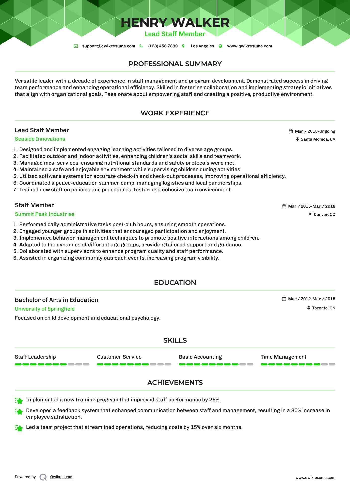 Lead Staff Member Resume Example