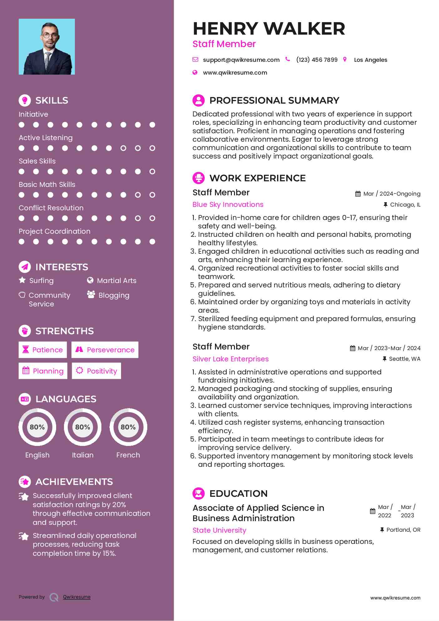 Staff Member Resume Sample