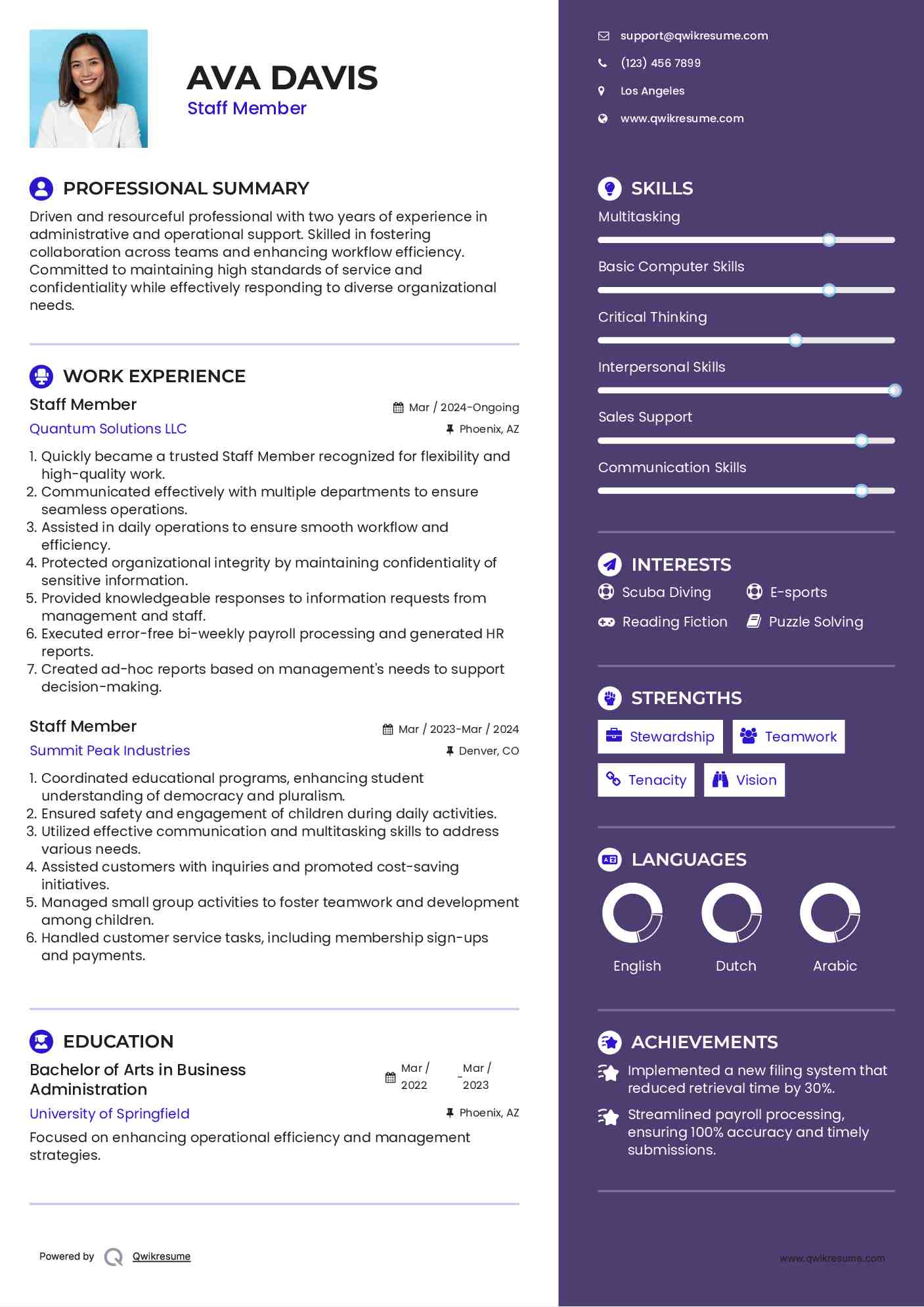 Staff Member Resume Sample