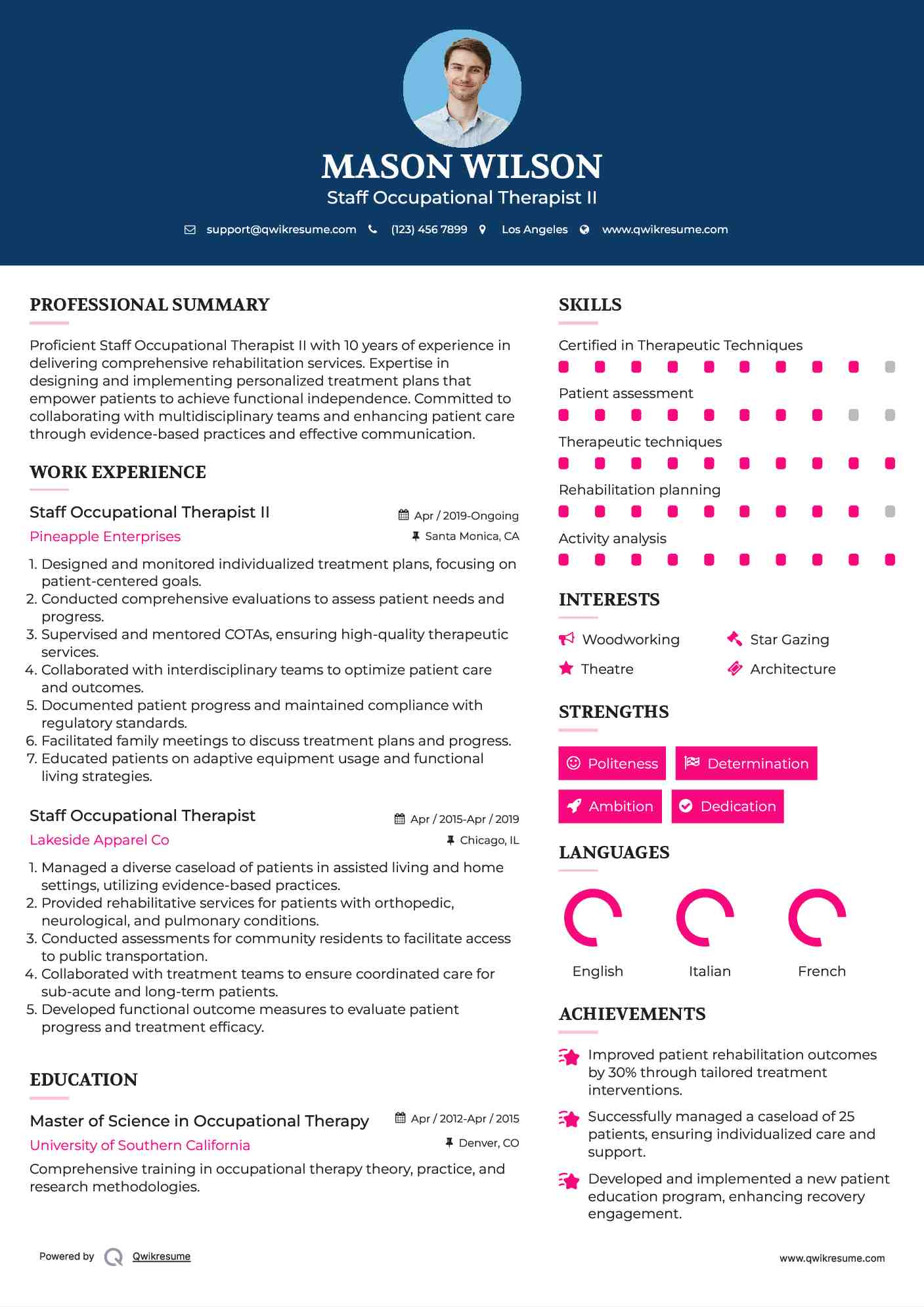Staff Occupational Therapist II Resume Model
