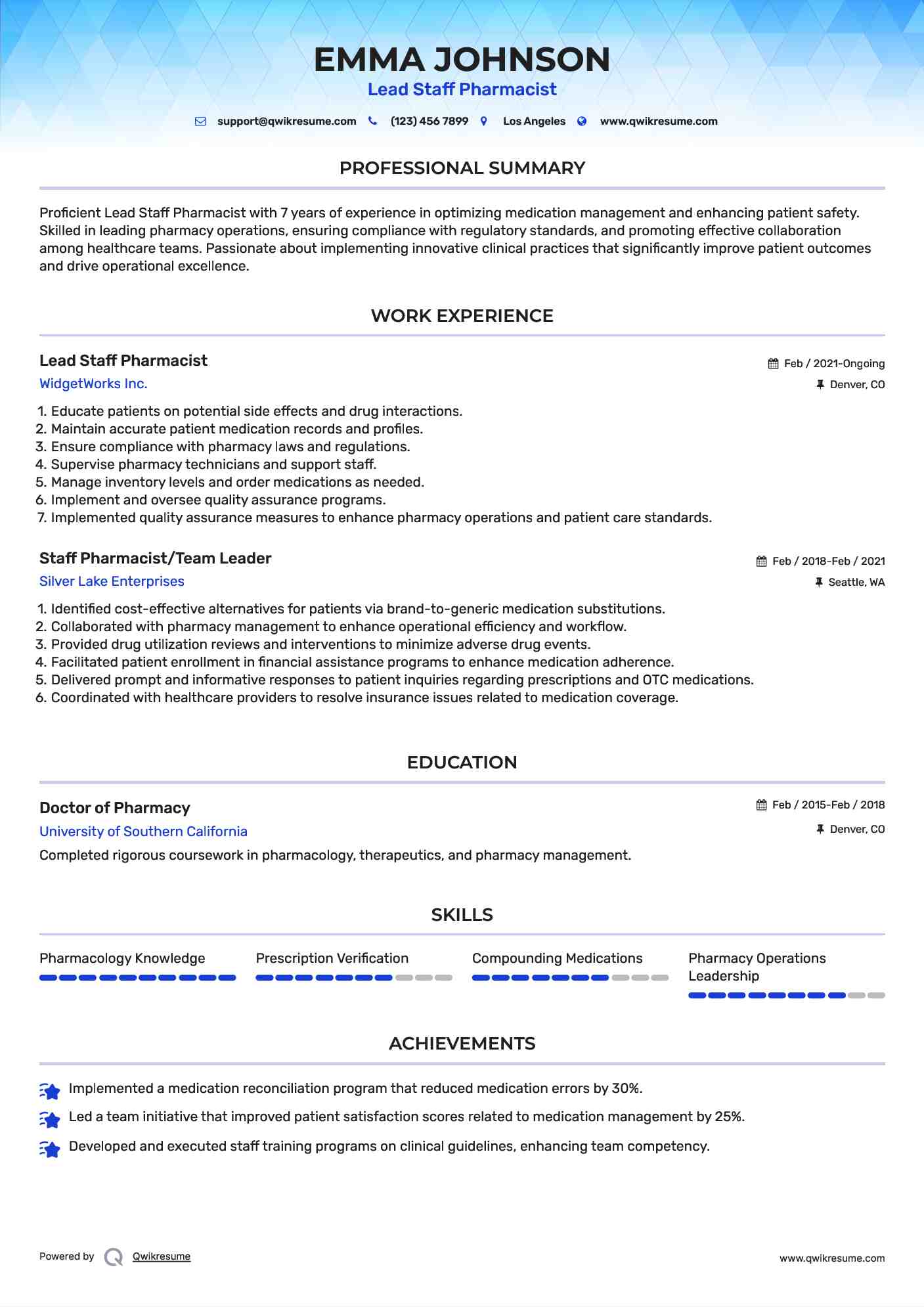 Lead Staff Pharmacist Resume Example