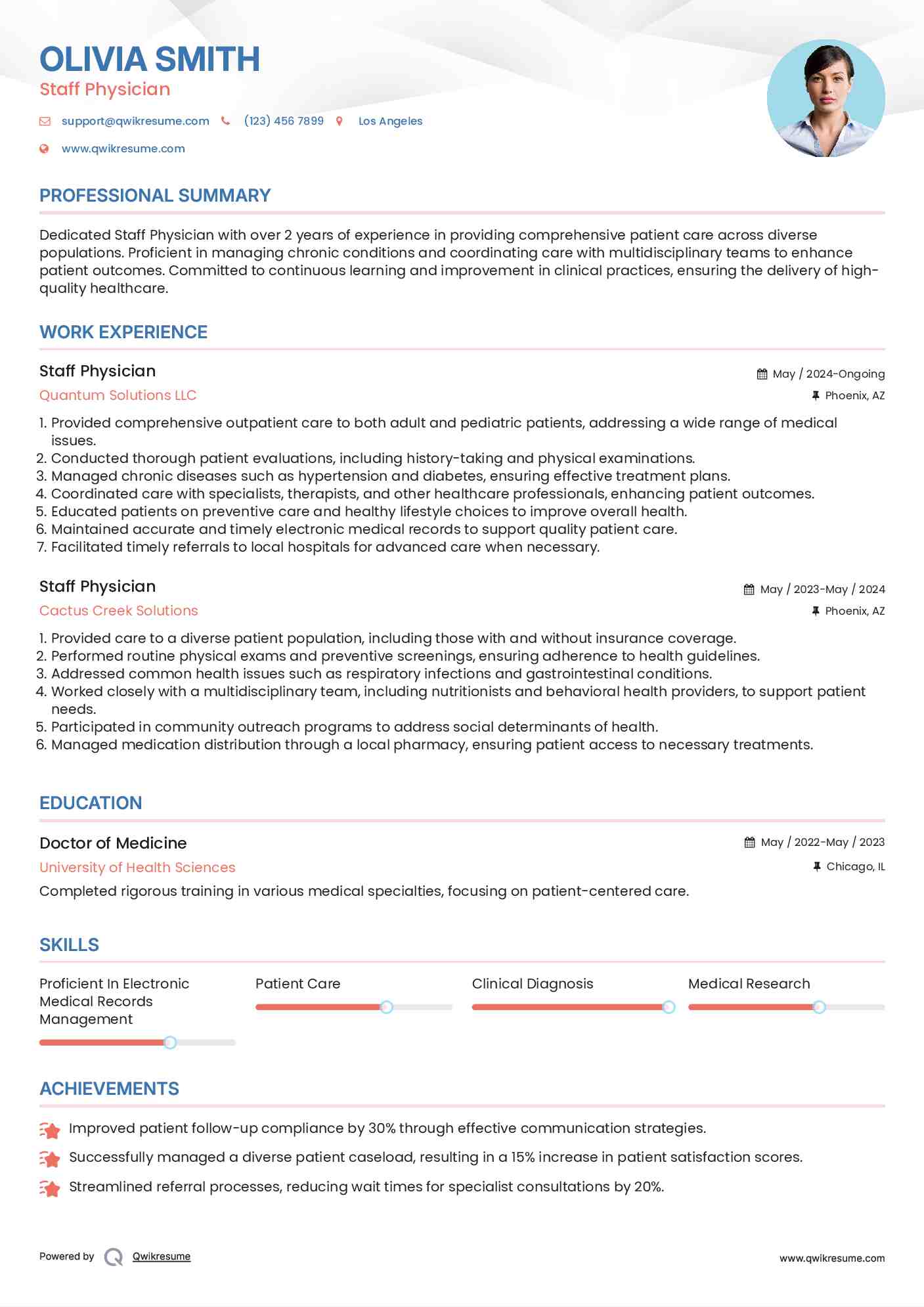 Staff Physician Resume Example