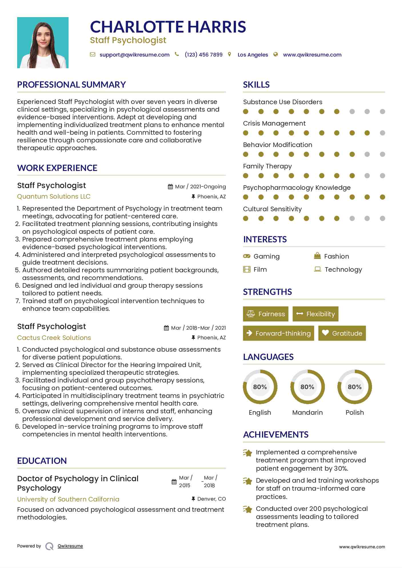Staff Psychologist Resume Example