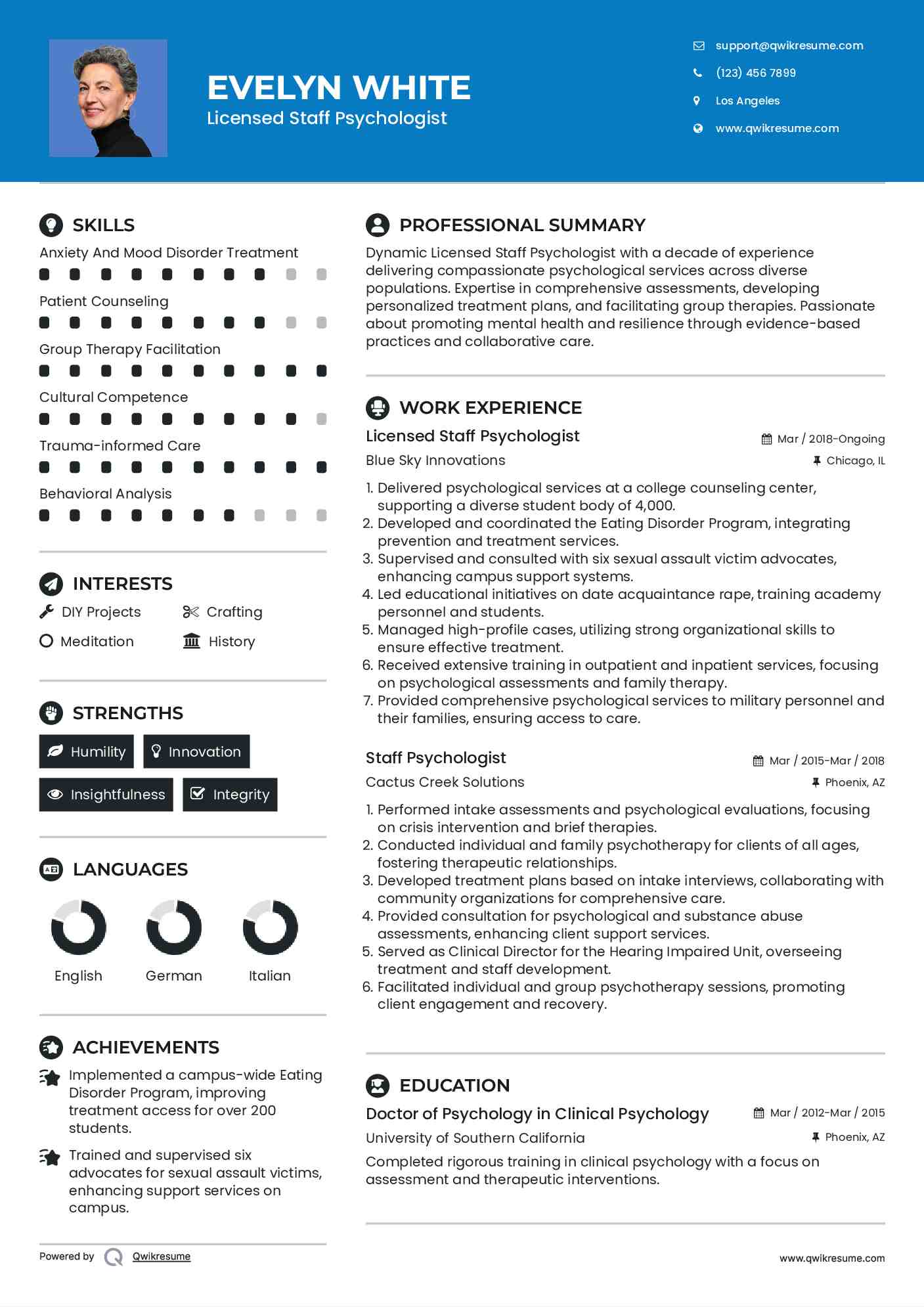Staff Psychologist Resume Samples QwikResume