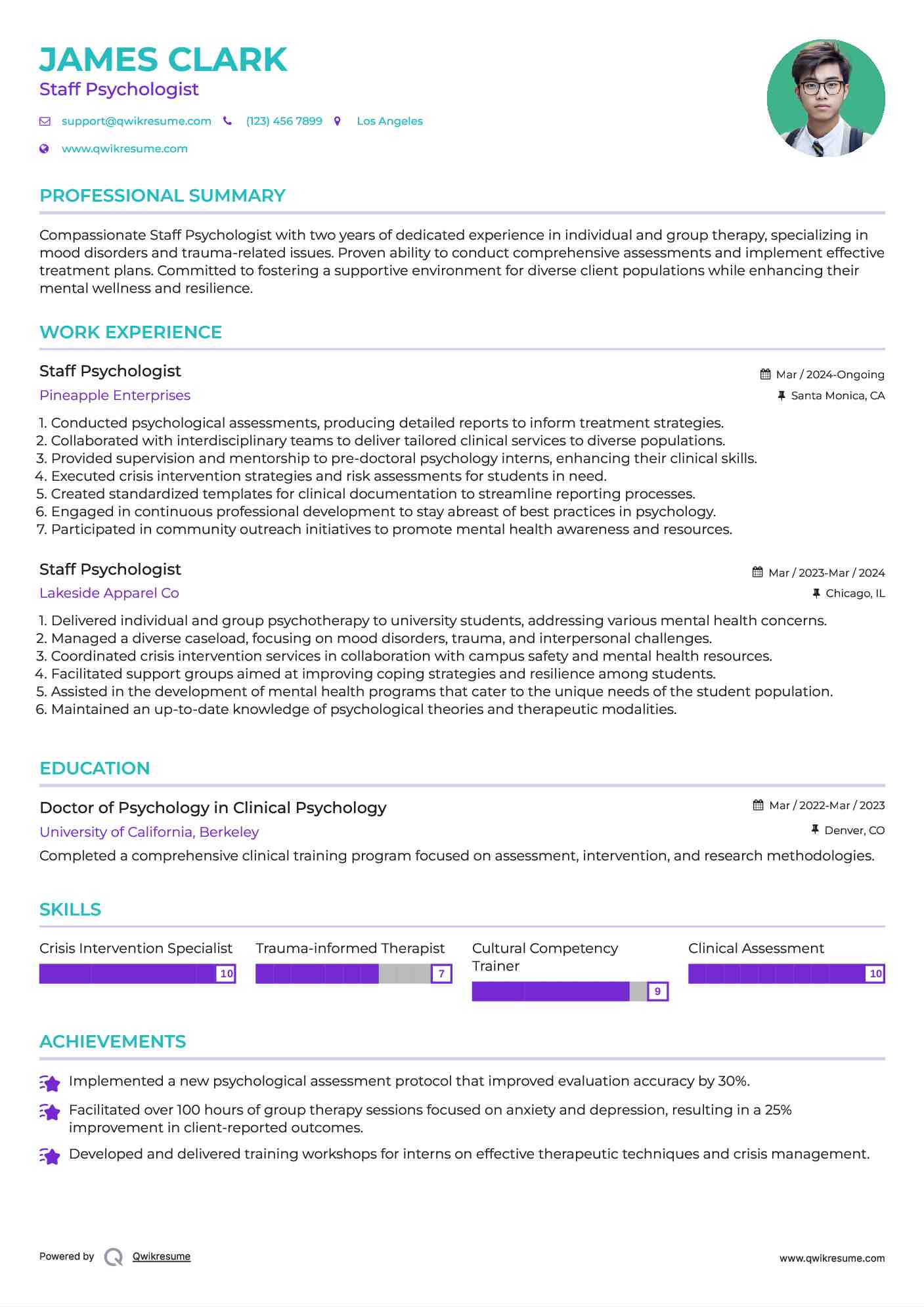 Staff Psychologist Resume Sample
