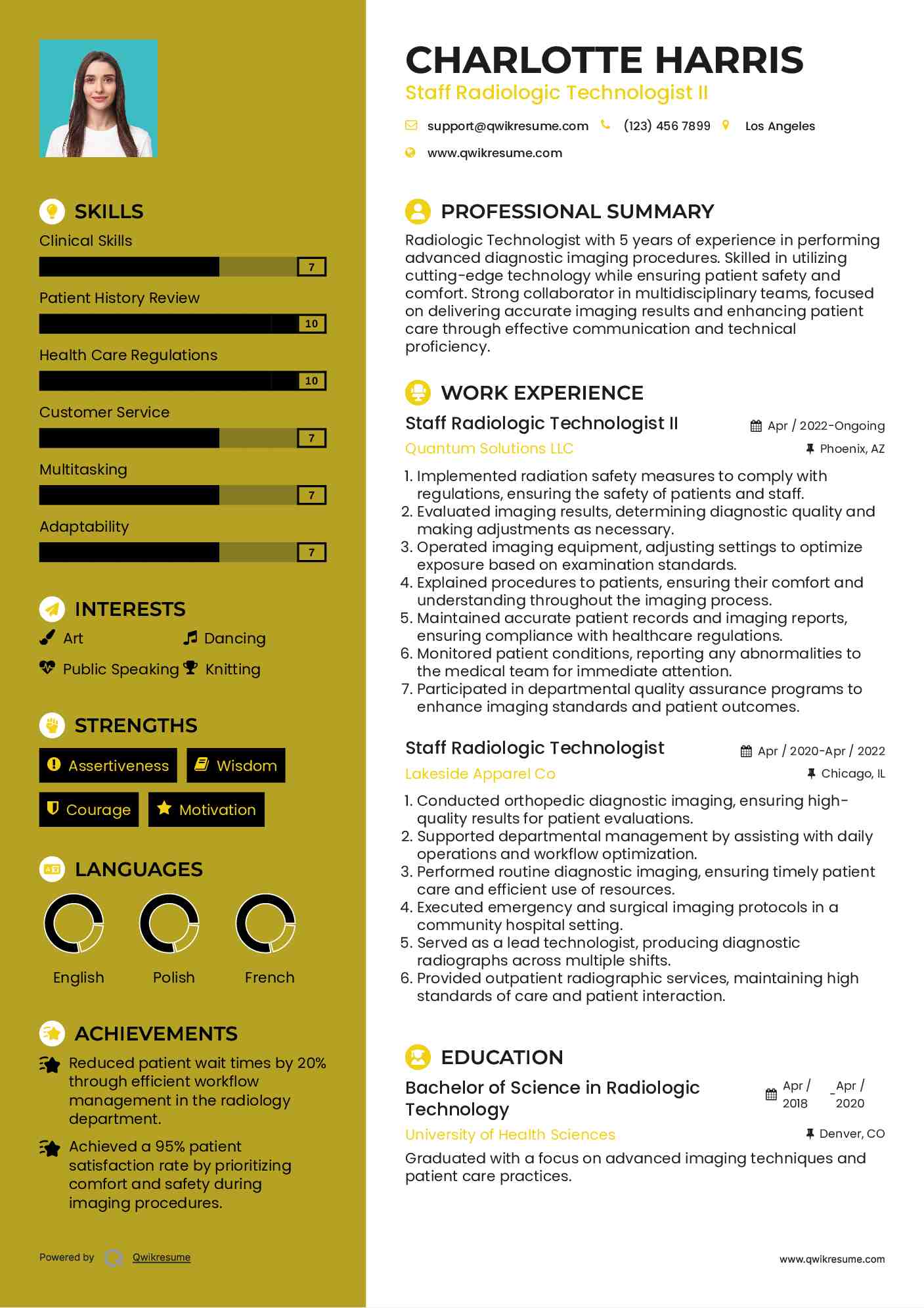 Staff Radiologic Technologist II Resume Template