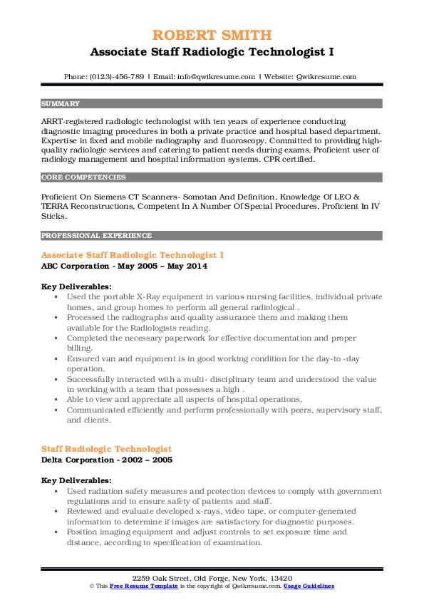 Staff Radiologic Technologist Resume Samples | QwikResume