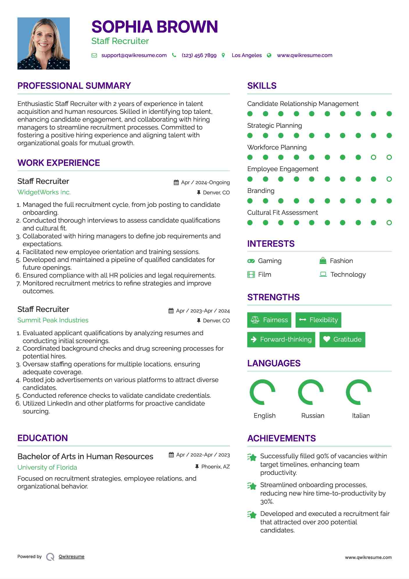 Staff Recruiter Resume Sample