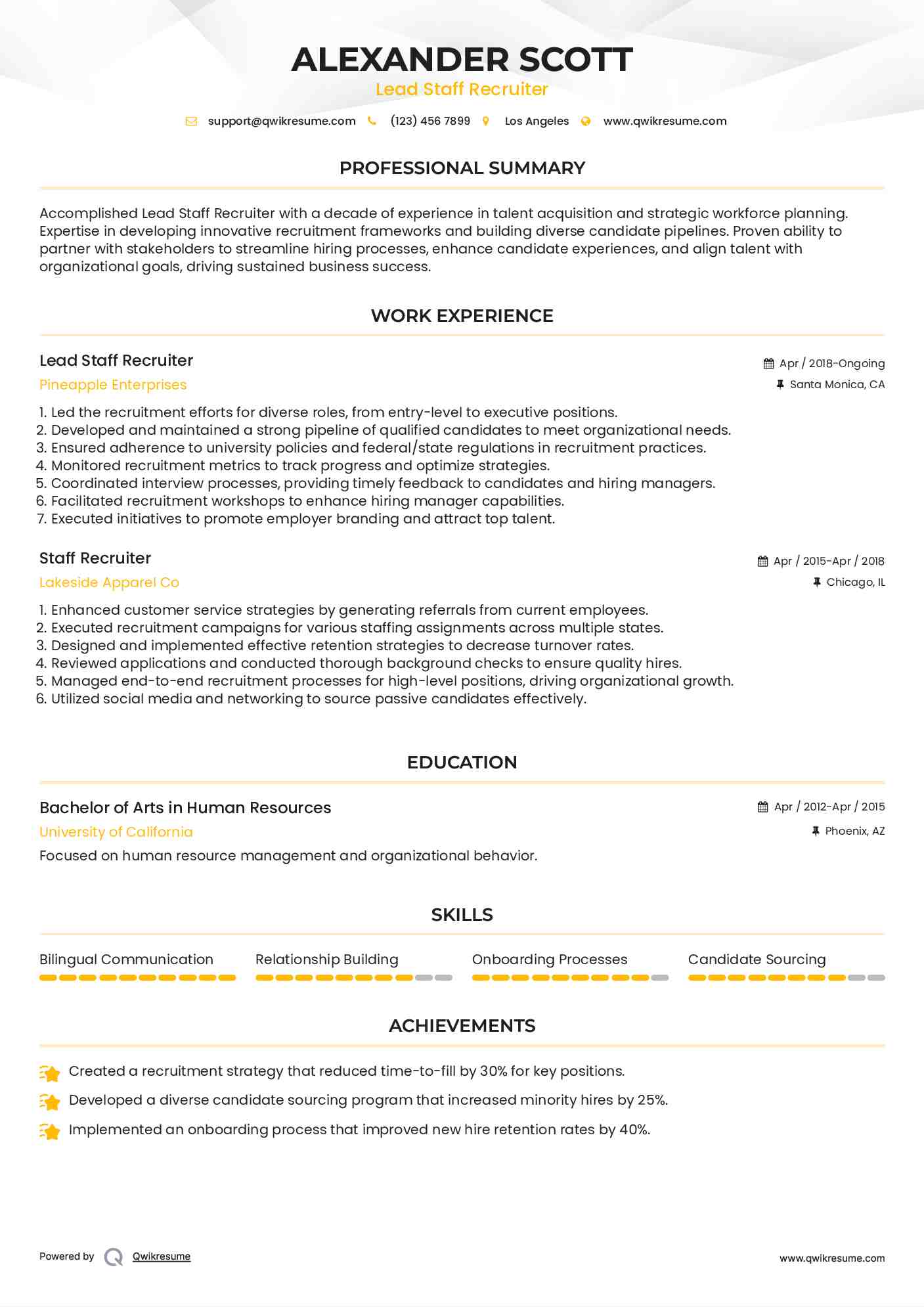 Lead Staff Recruiter Resume Example