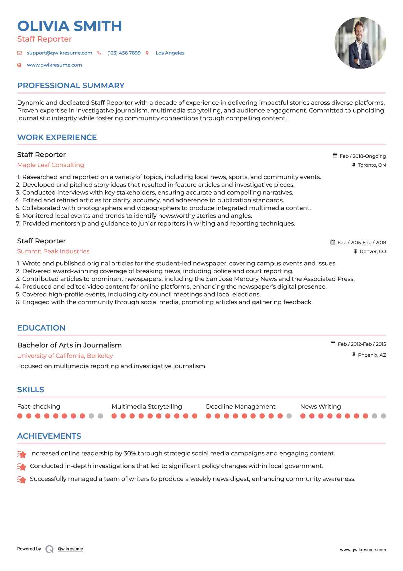 Staff Reporter Resume Model