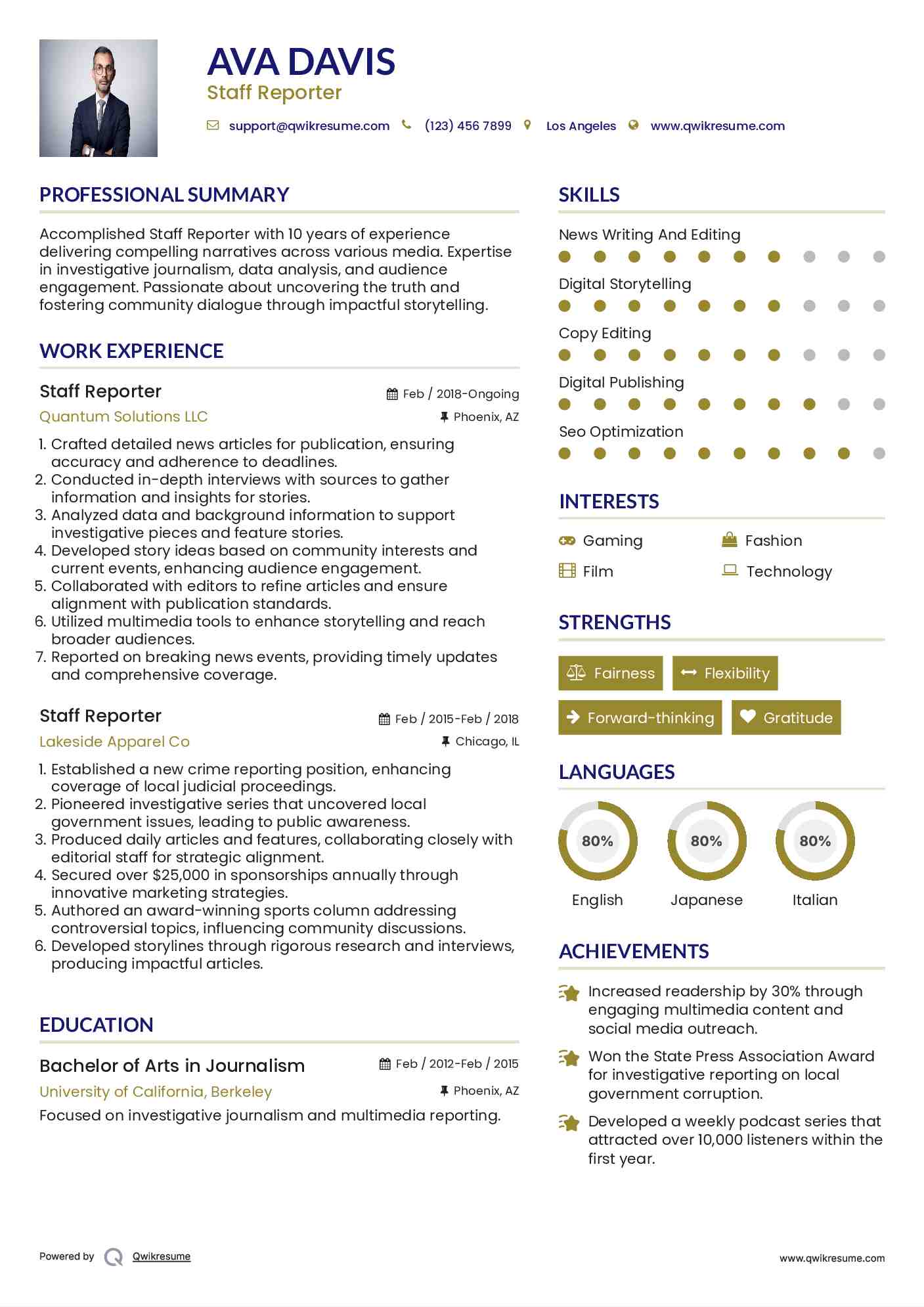 Staff Reporter Resume Example