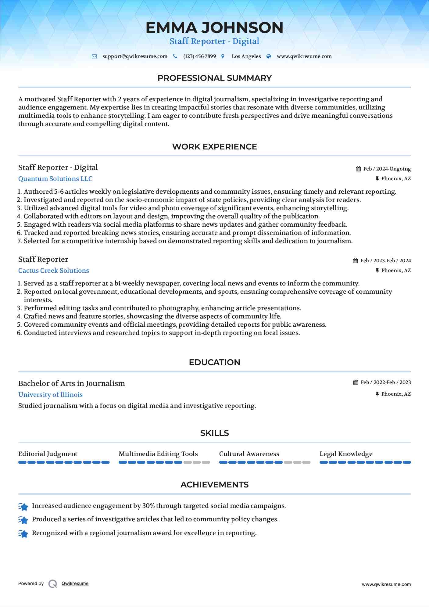 Staff Reporter - Digital Resume Example
