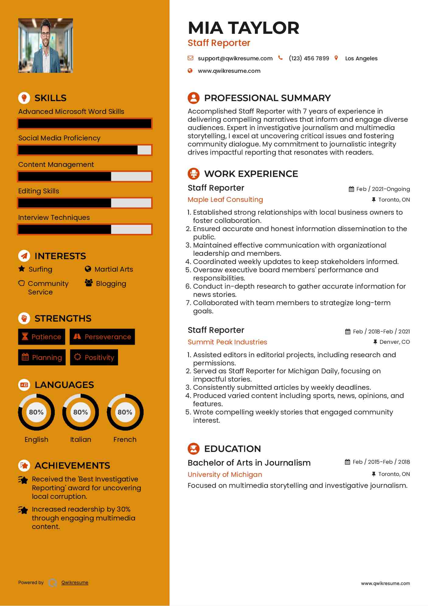 Staff Reporter Resume Format