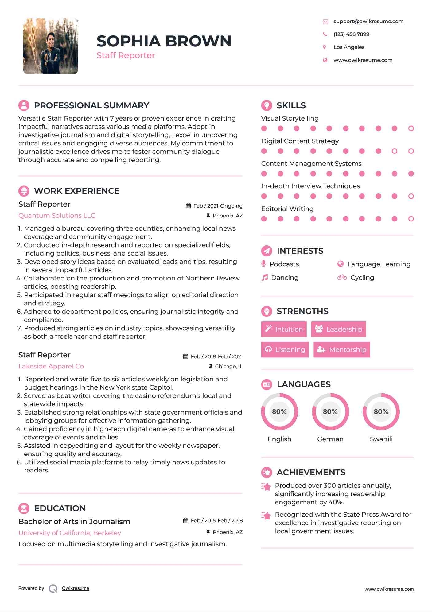 Staff Reporter Resume Model