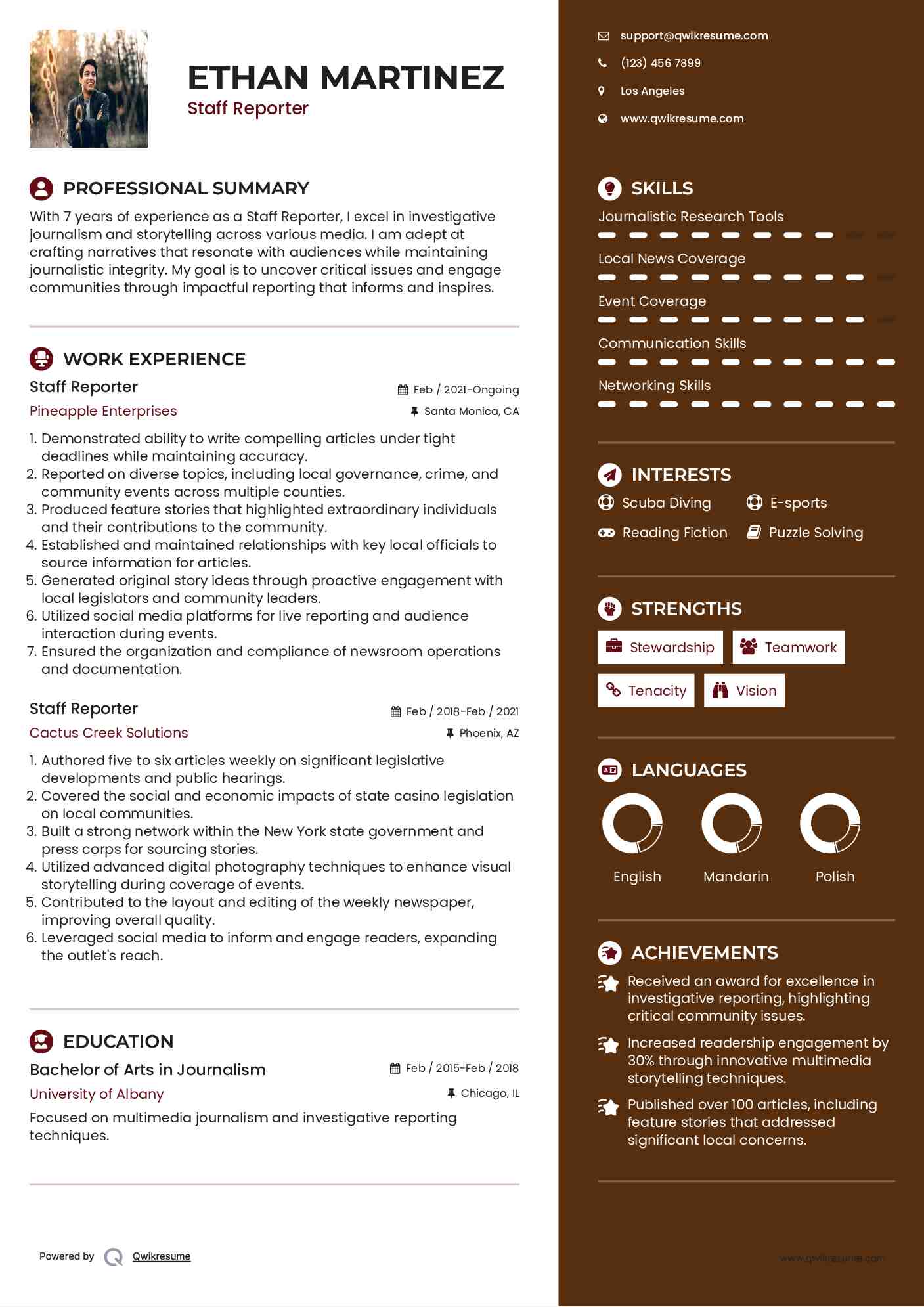 Staff Reporter Resume Format