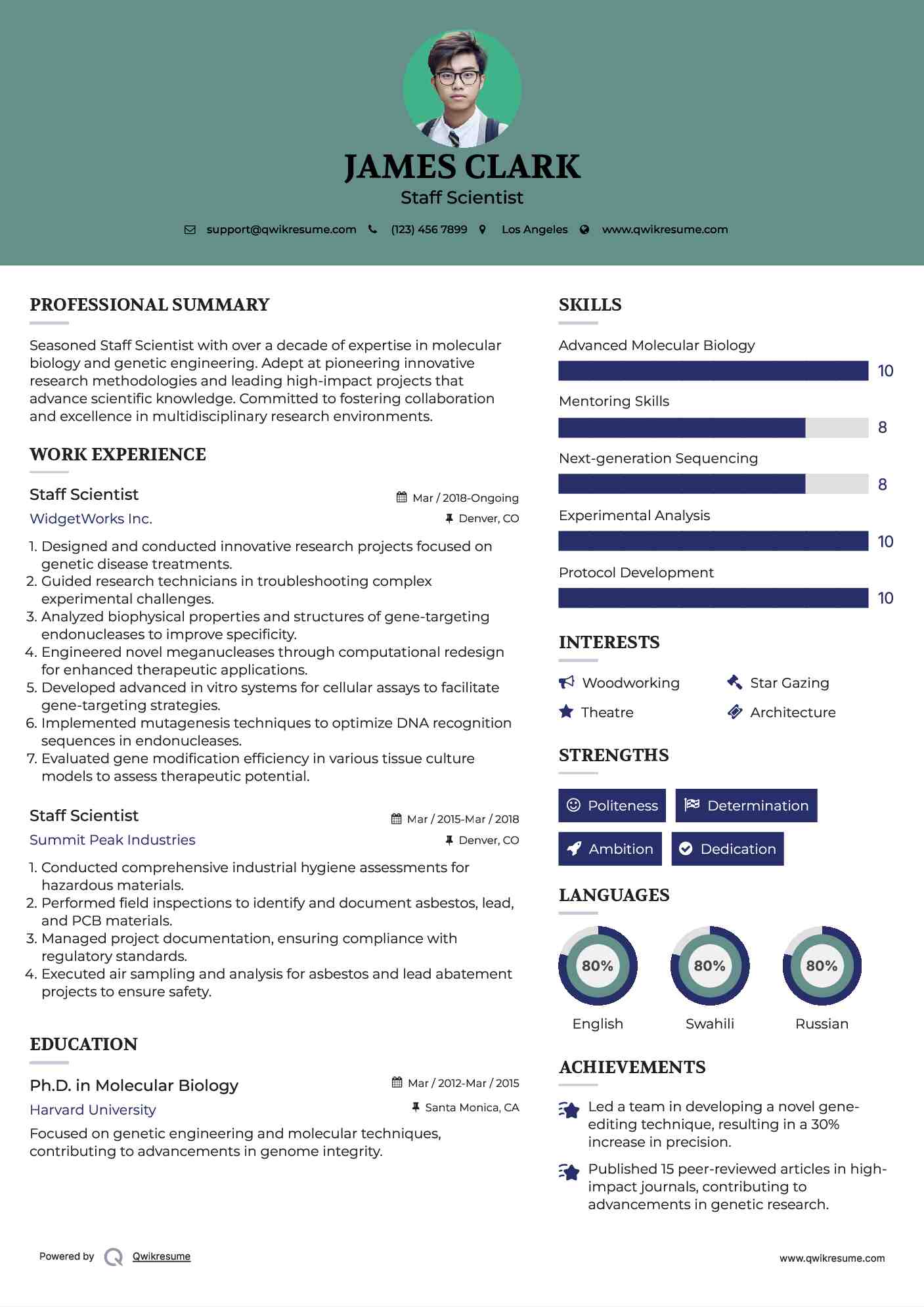 Staff Scientist Resume Example