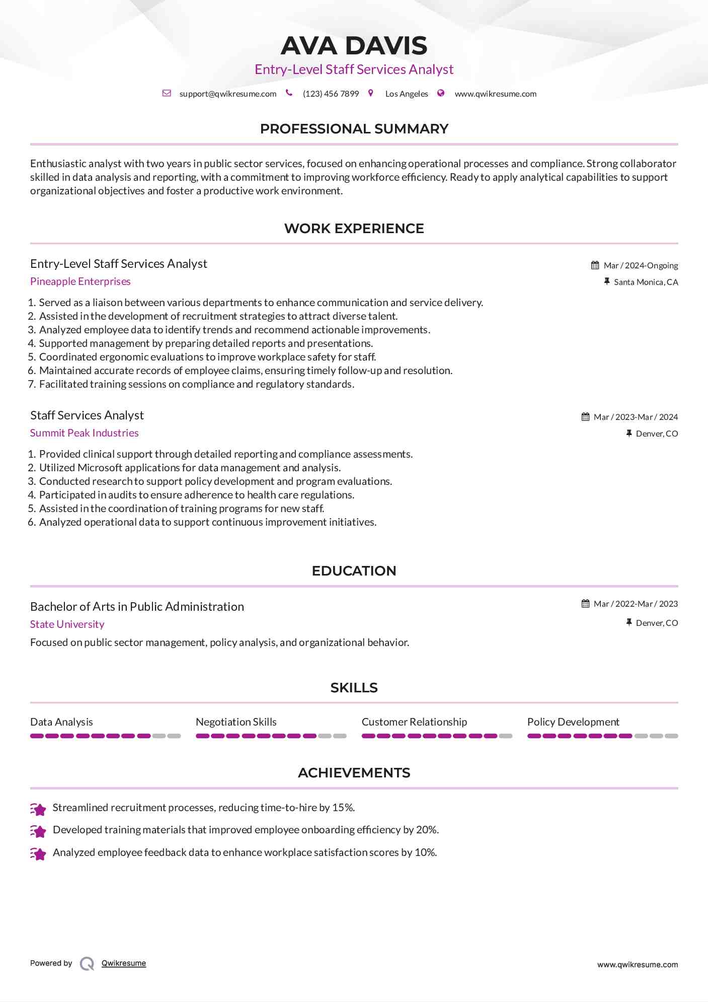 Entry-Level Staff Services Analyst Resume Sample