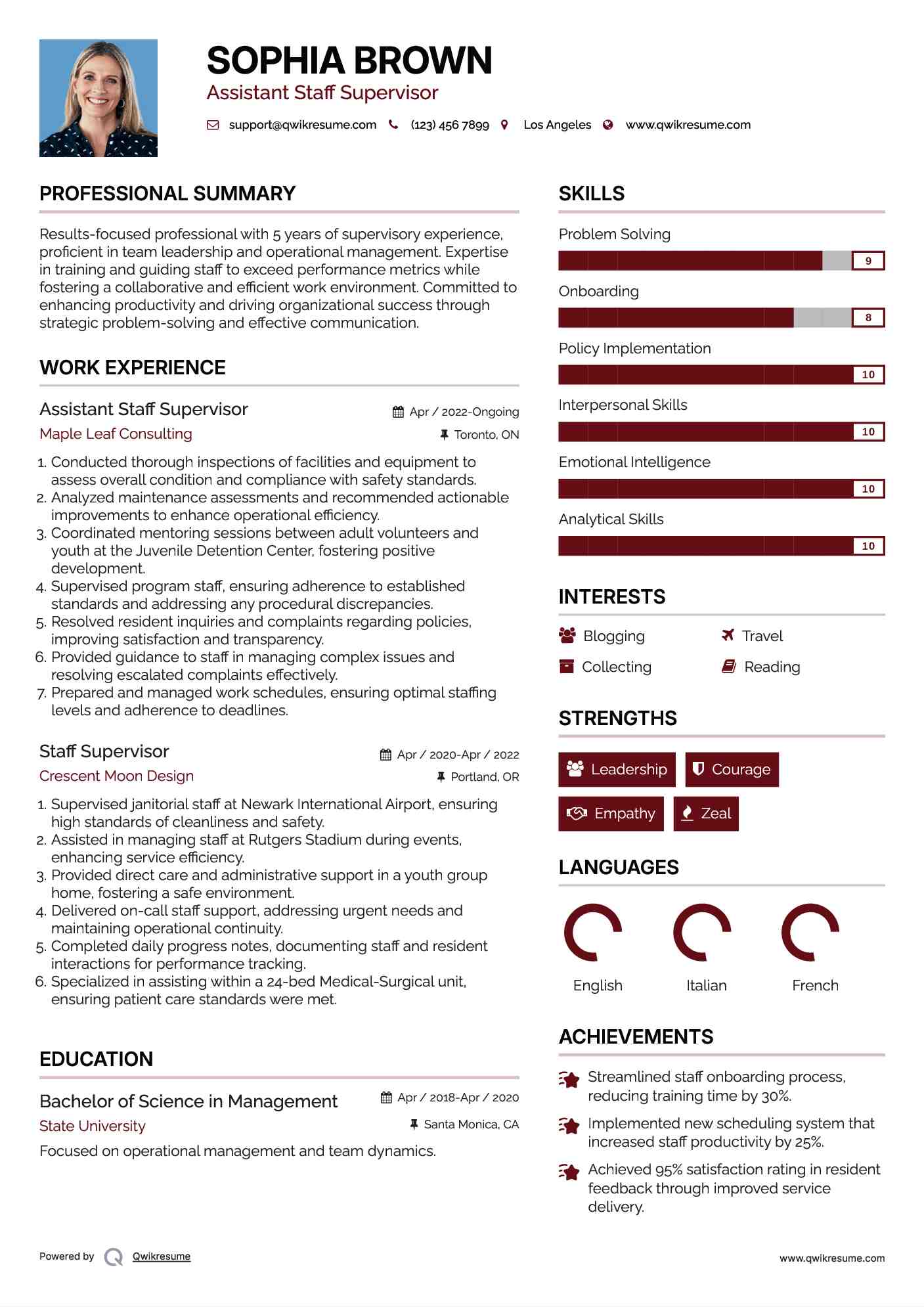 Assistant Staff Supervisor Resume Format