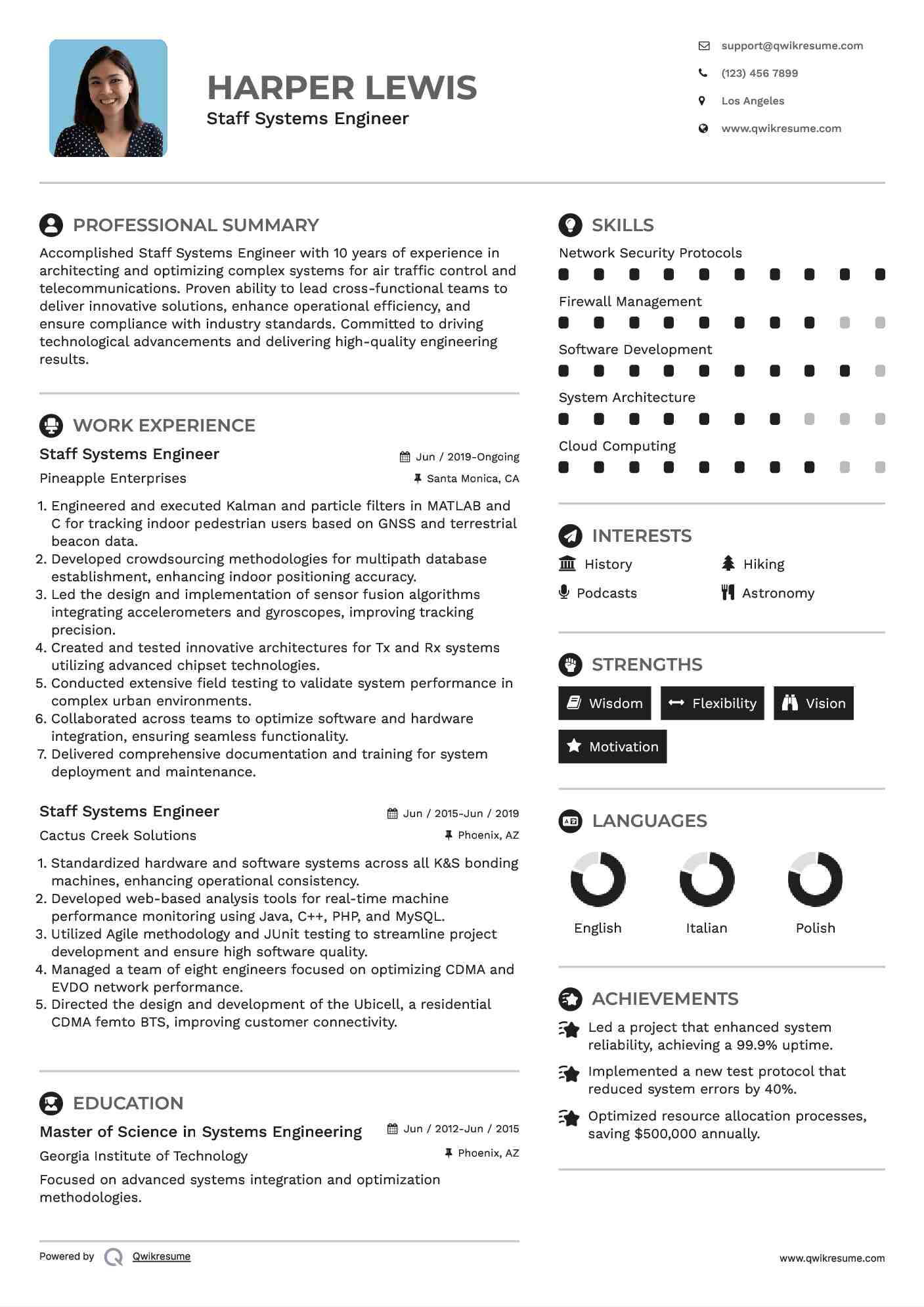 Staff Systems Engineer Resume Example