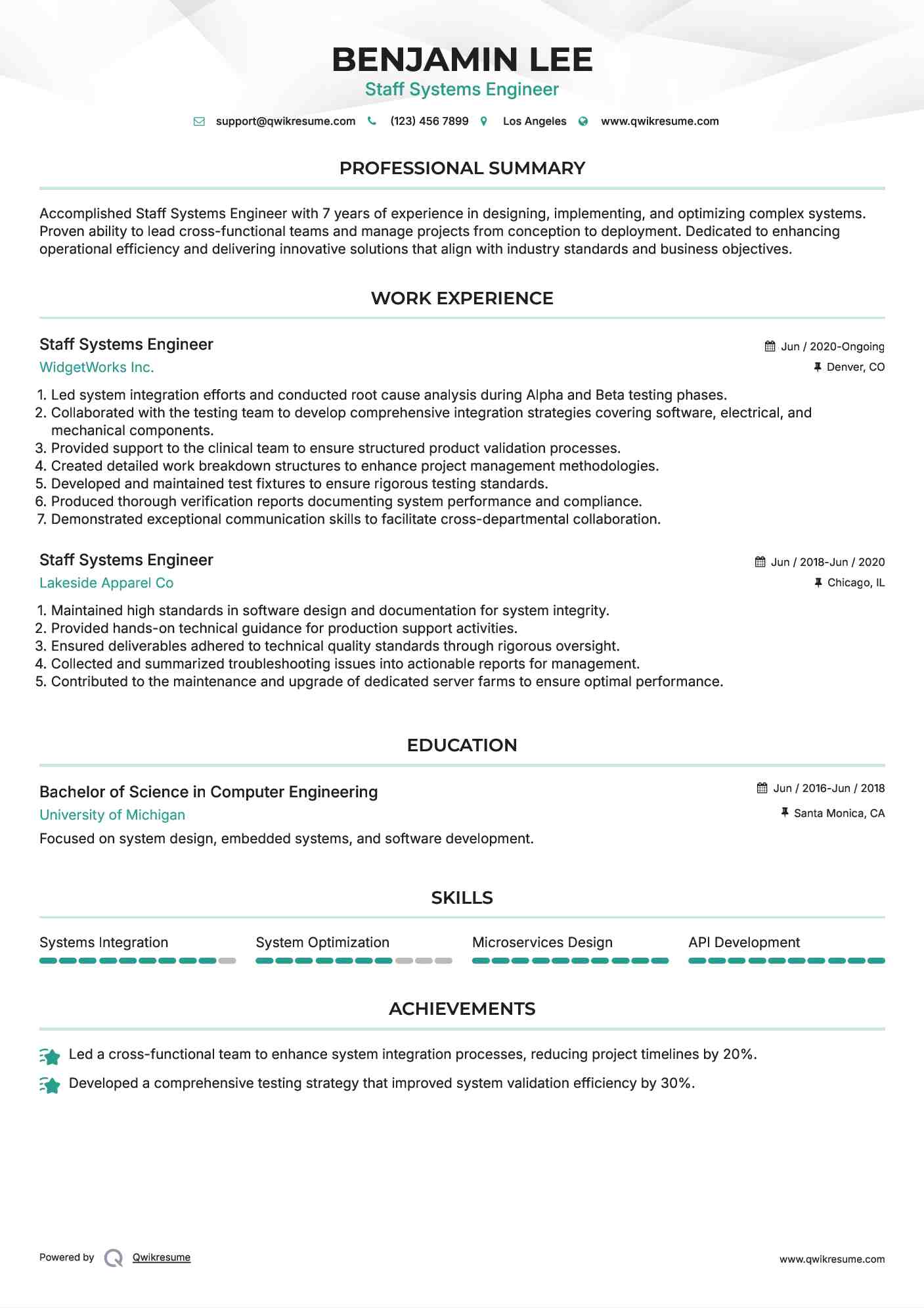 Staff Systems Engineer Resume Template