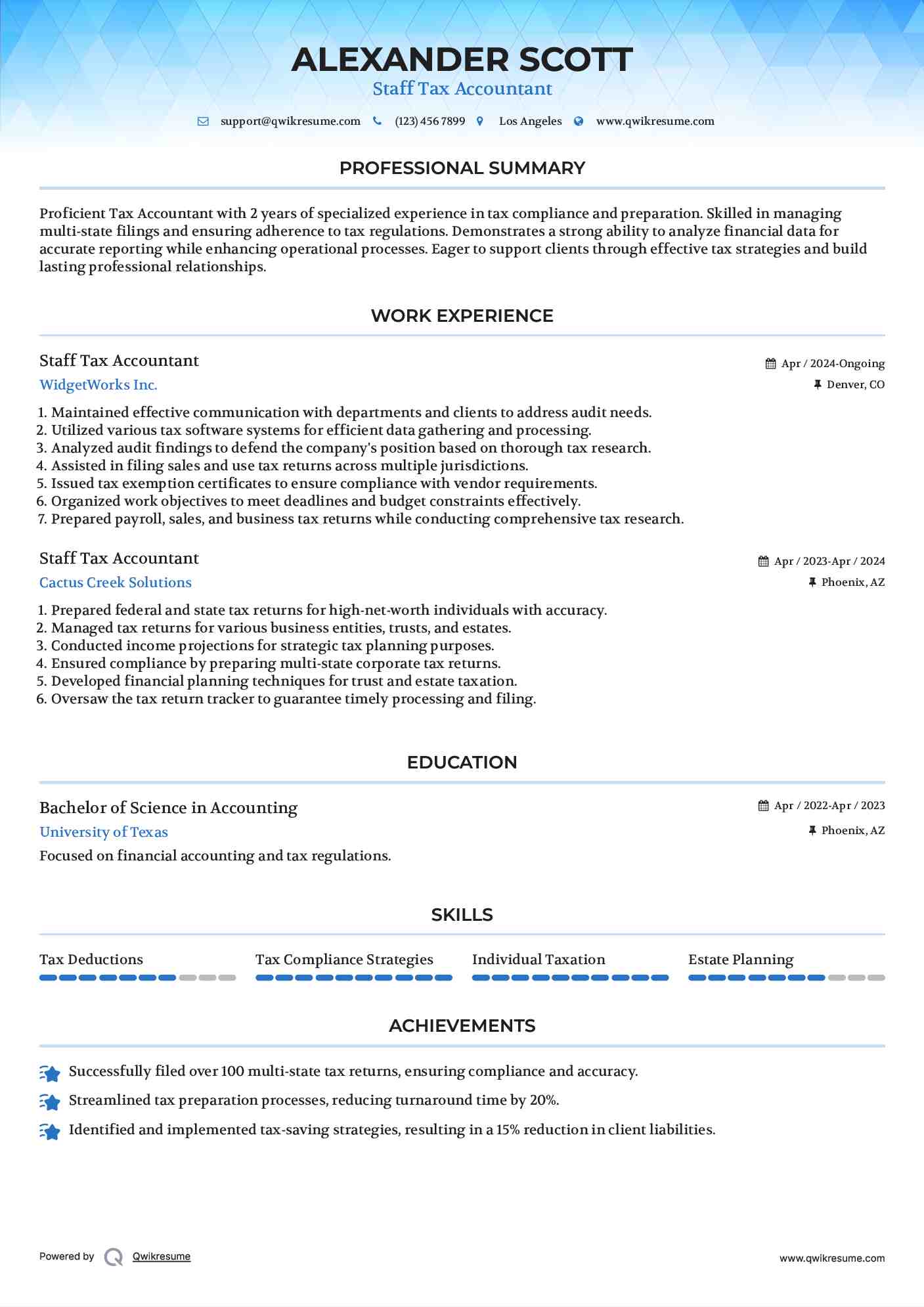 Staff Tax Accountant Resume Sample