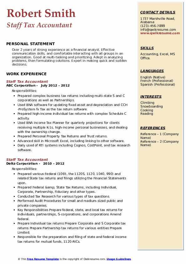 Staff Tax Accountant Resume Samples | QwikResume