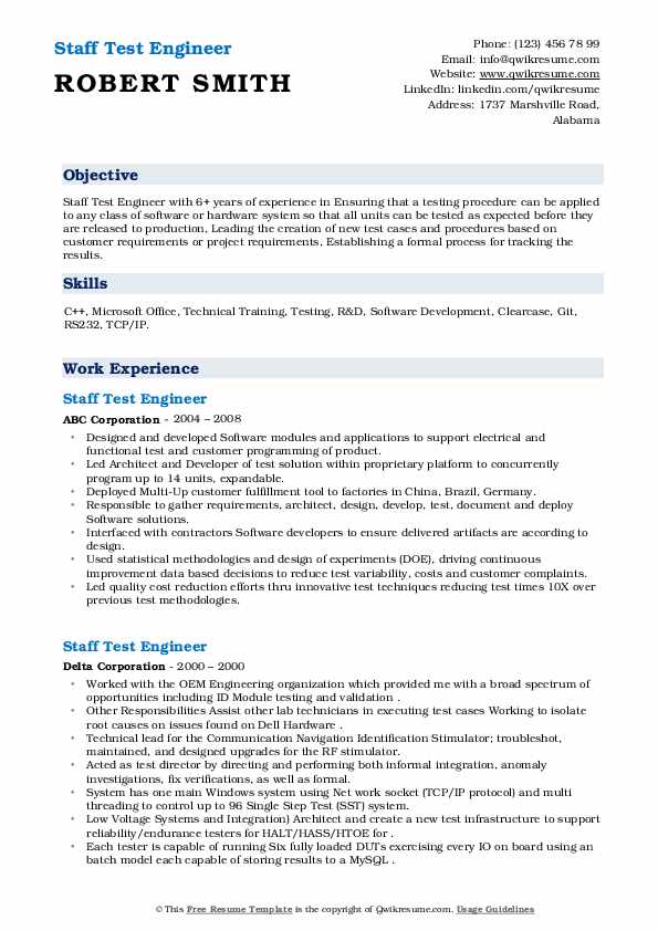 Staff Test Engineer Resume Samples QwikResume