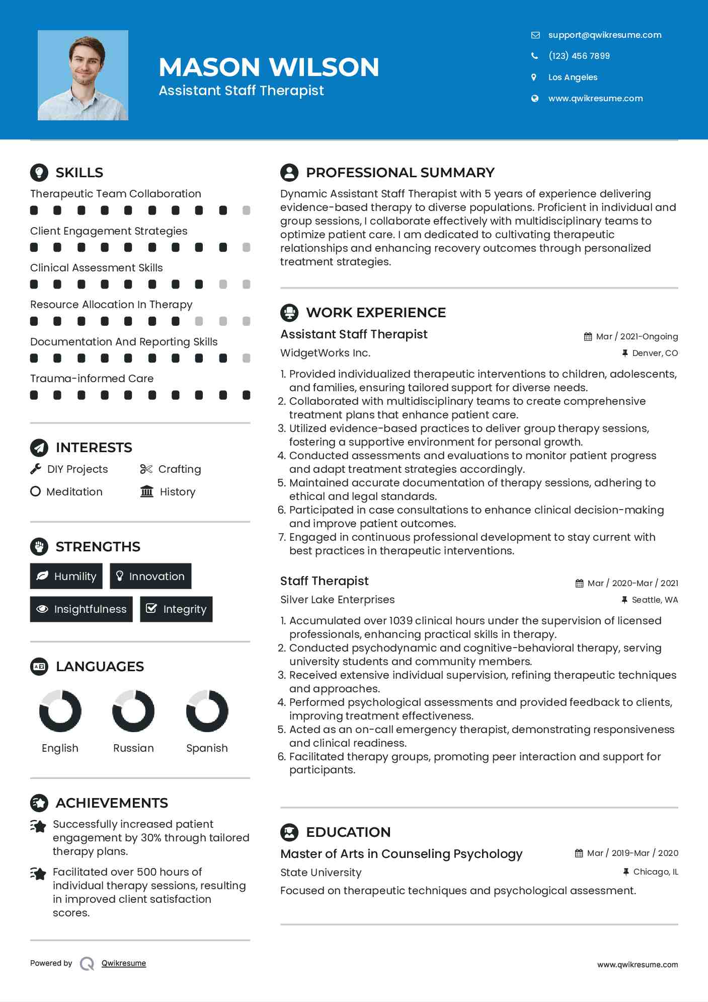 Assistant Staff Therapist Resume Sample