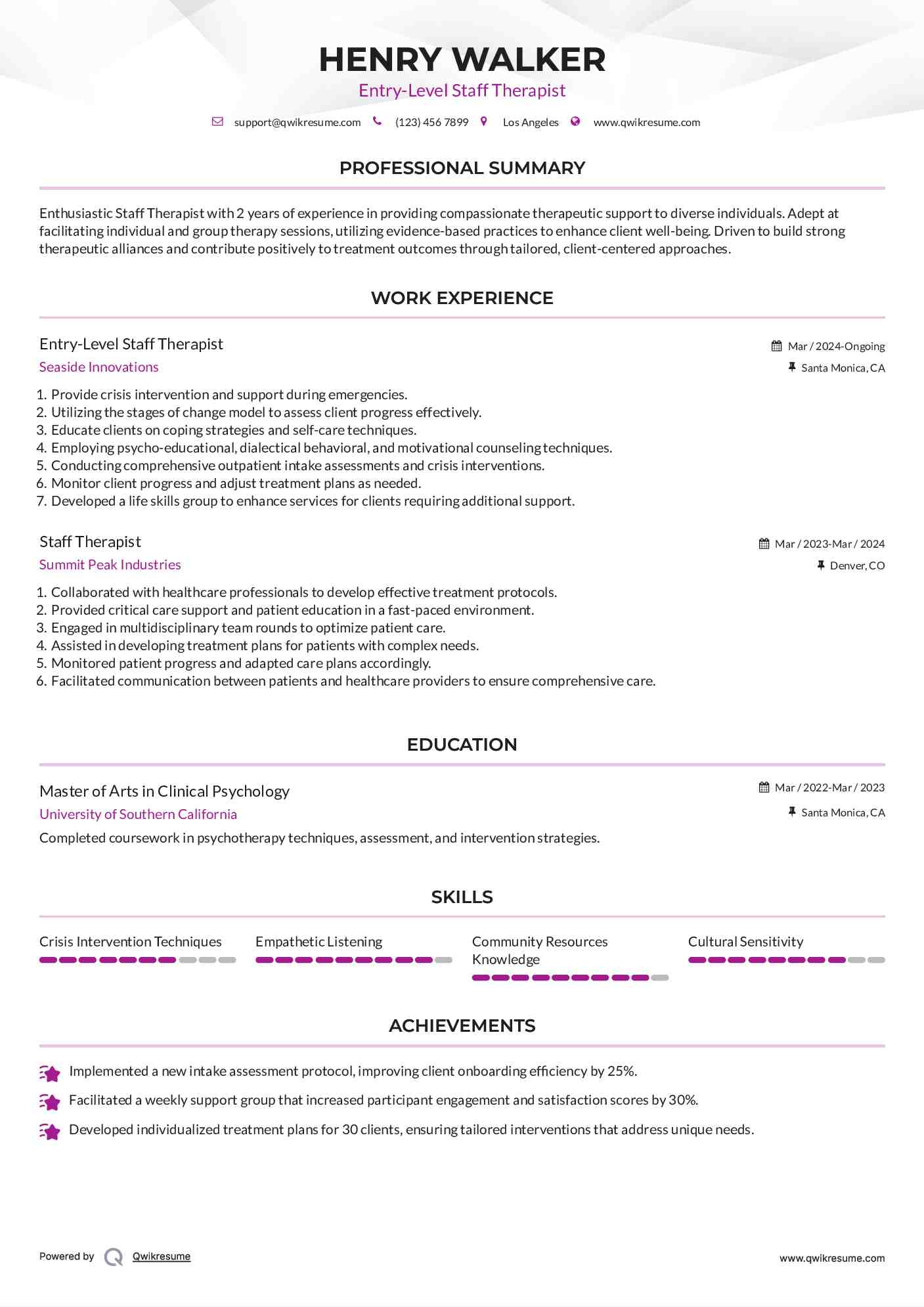 Entry-Level Staff Therapist Resume Sample