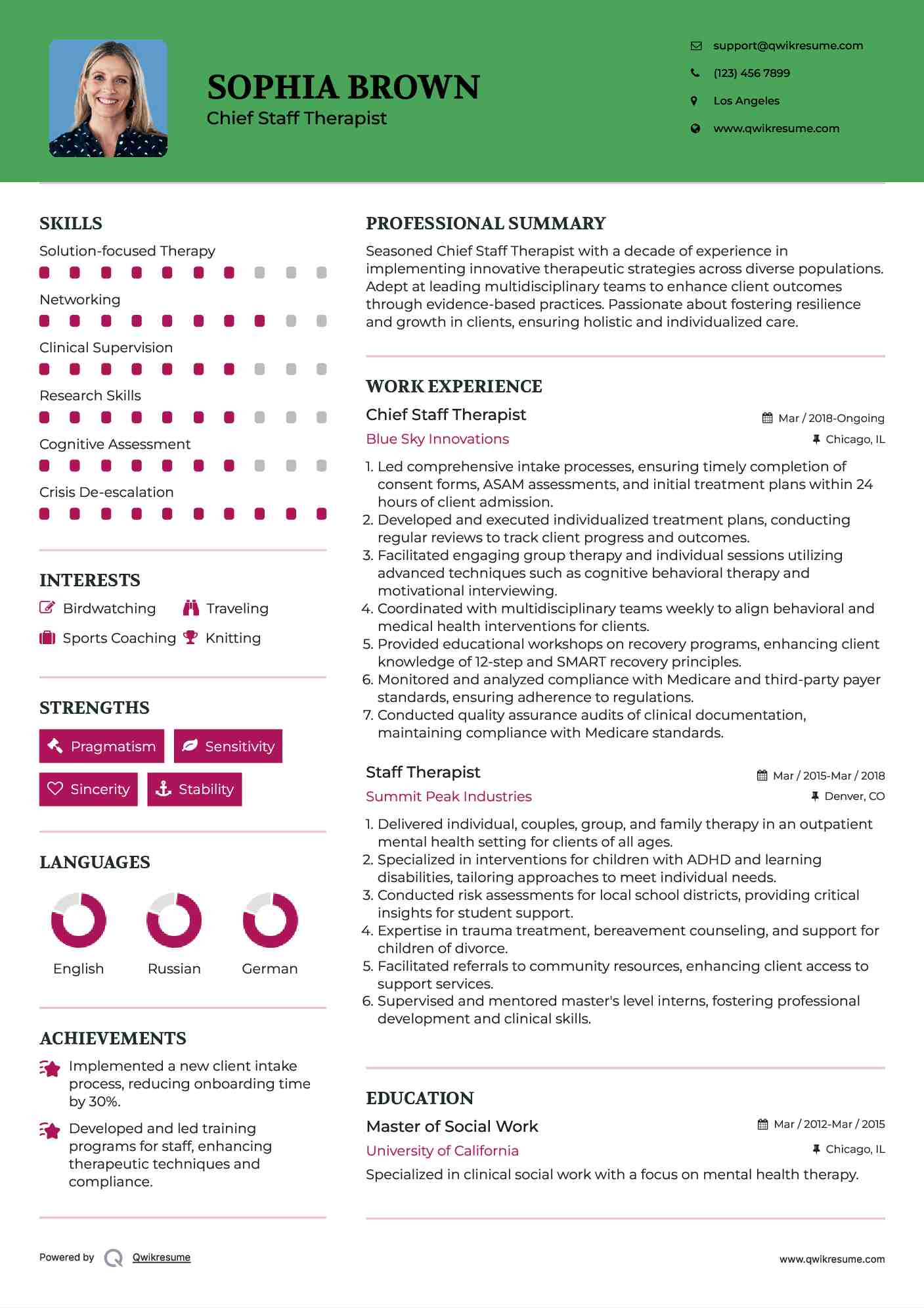 Chief Staff Therapist Resume Format
