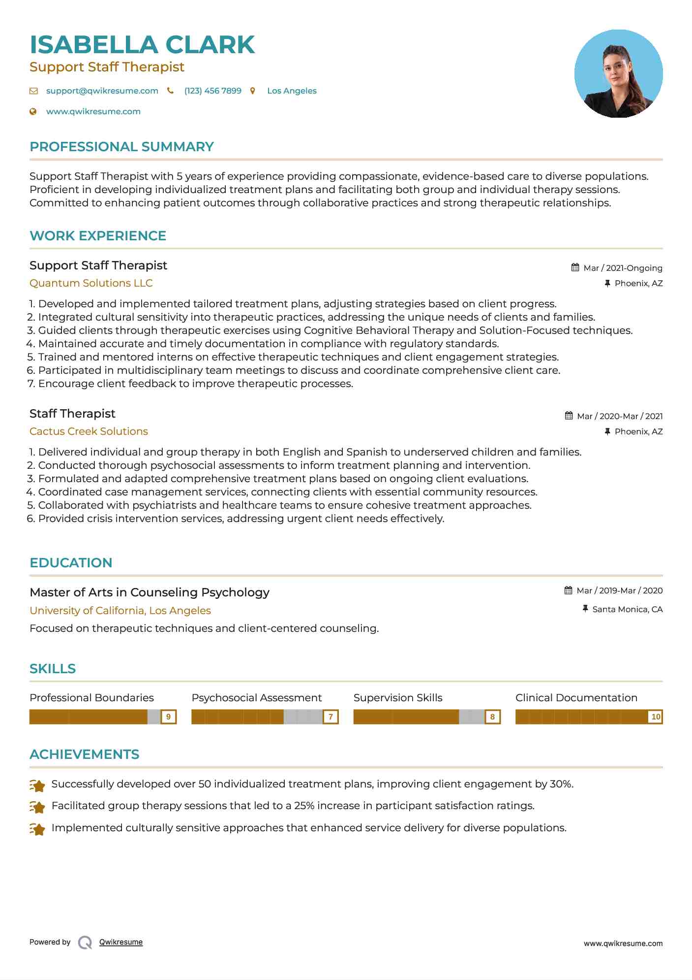 Support Staff Therapist Resume Sample
