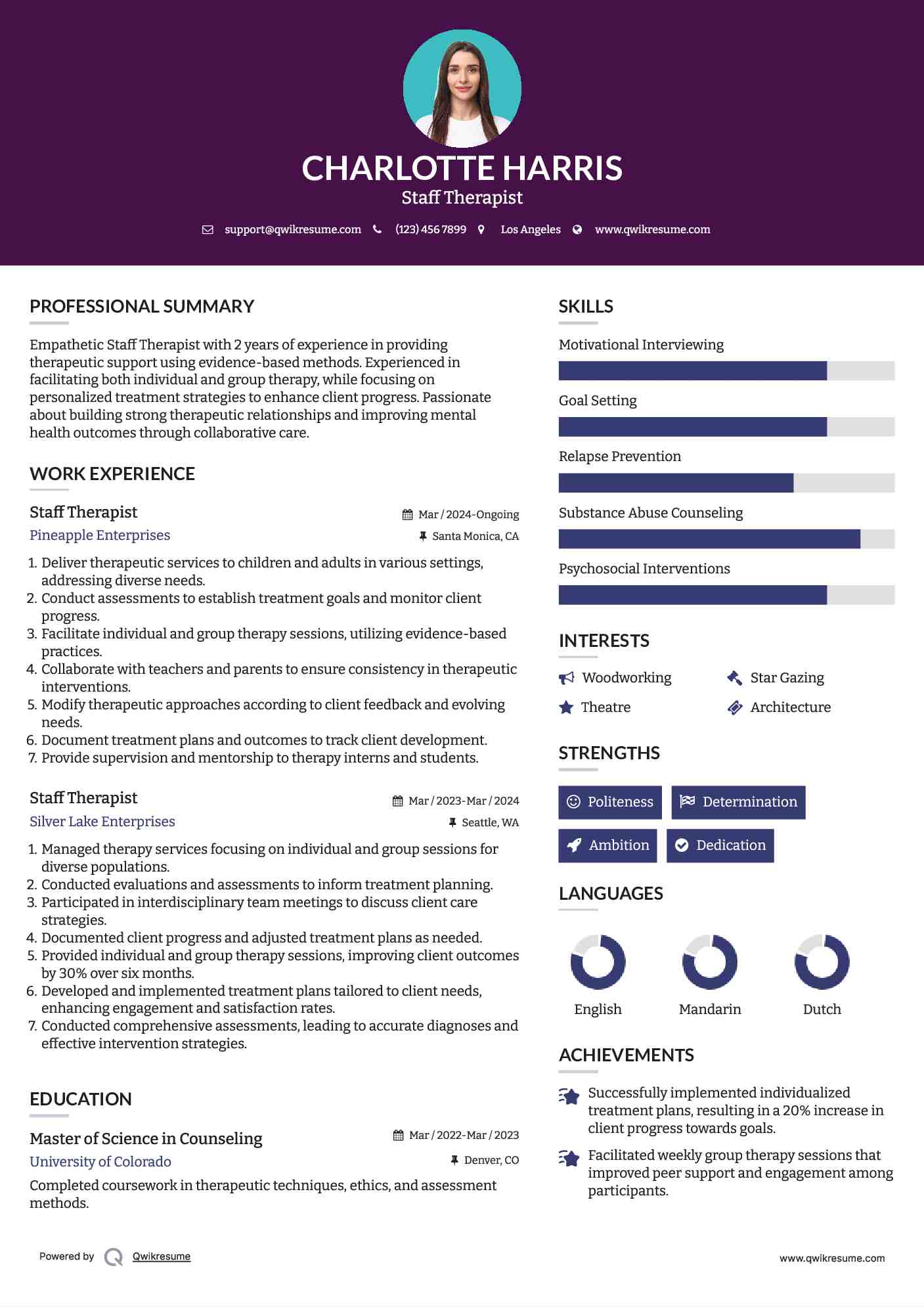 Staff Therapist Resume Sample