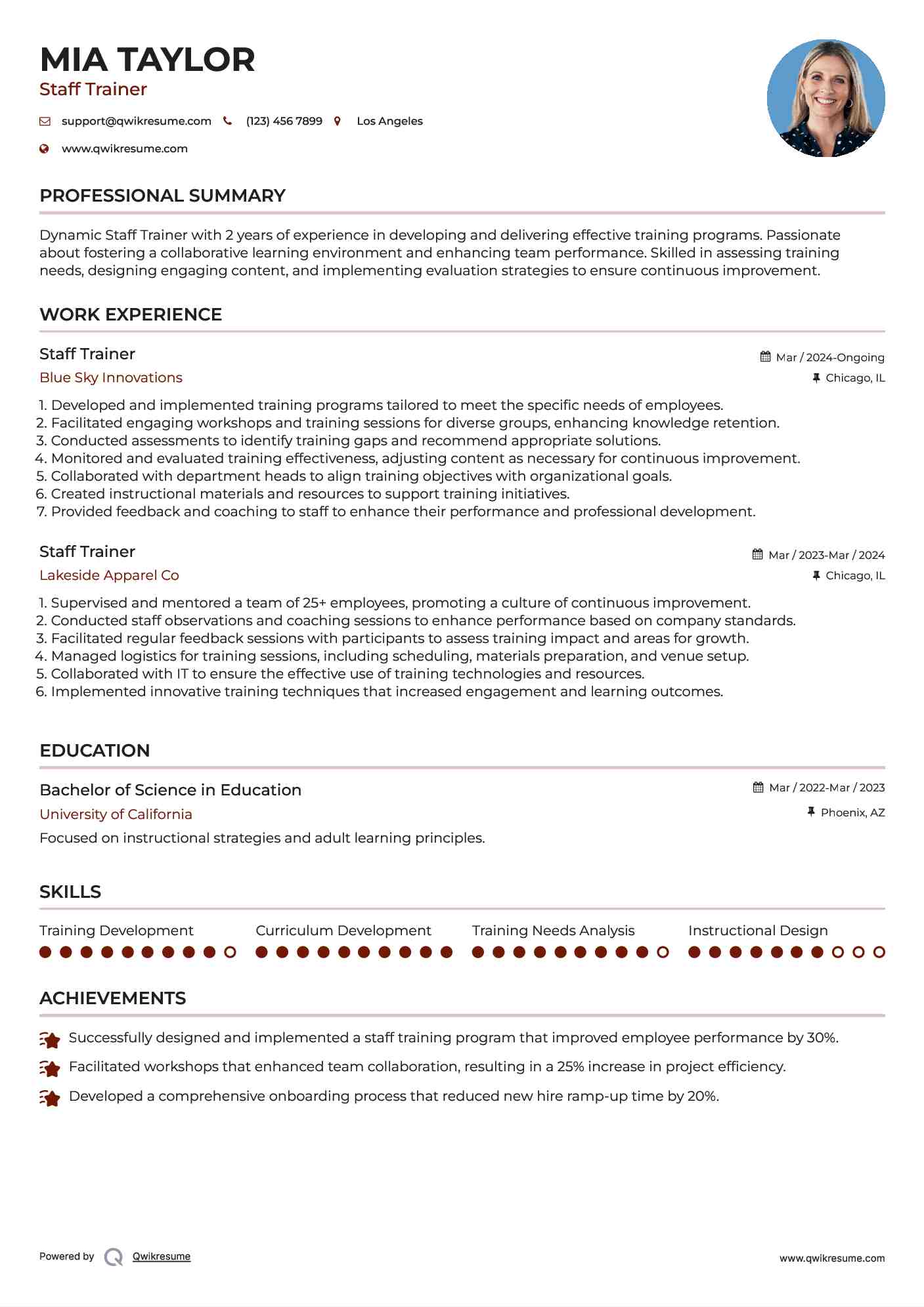 Staff Trainer Resume Example