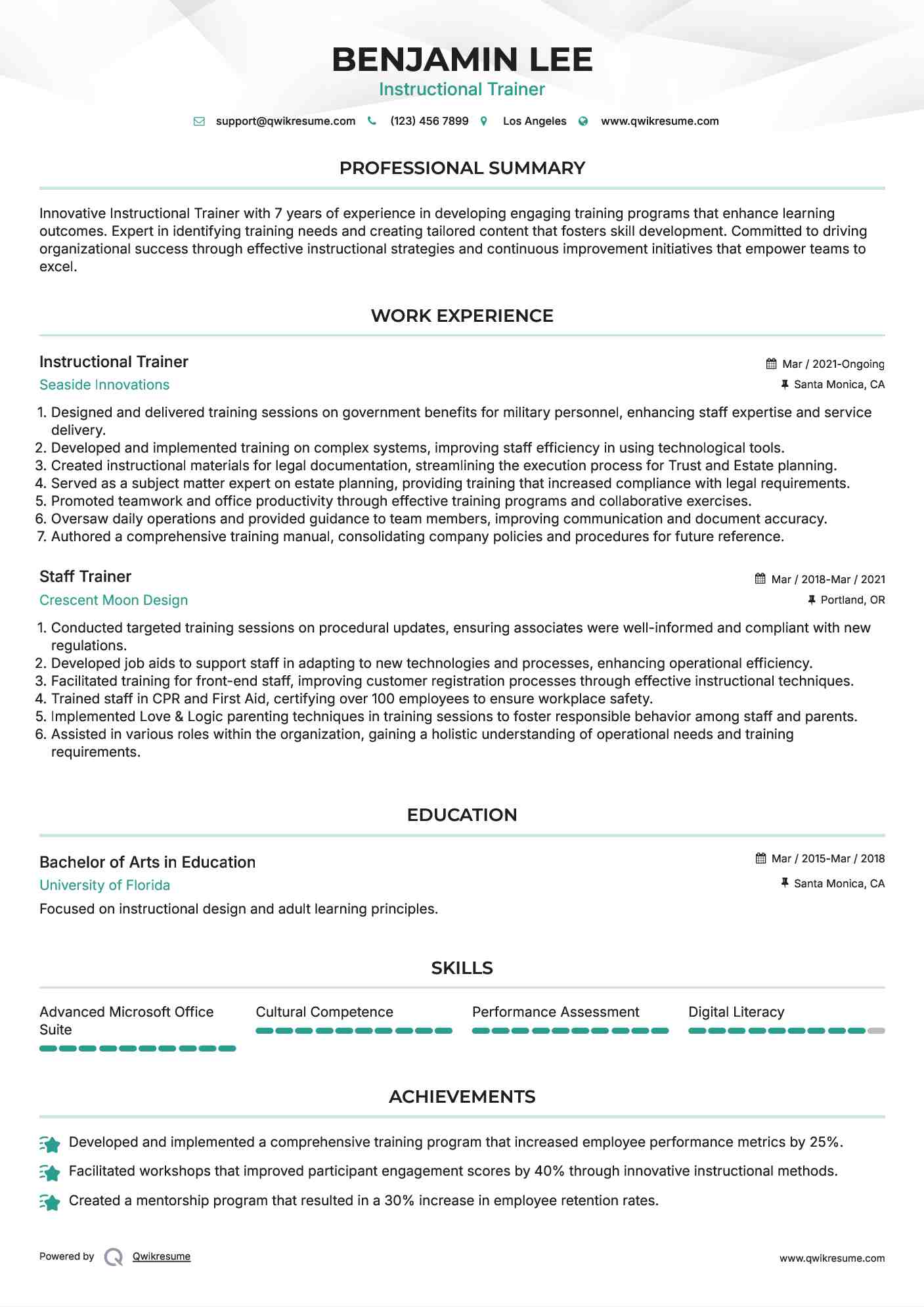 Instructional Trainer Resume Example