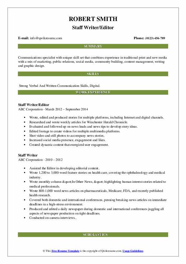 Staff Writer Resume Samples | QwikResume