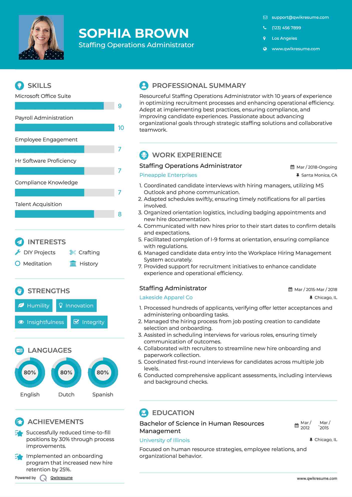 Staffing Operations Administrator Resume Example