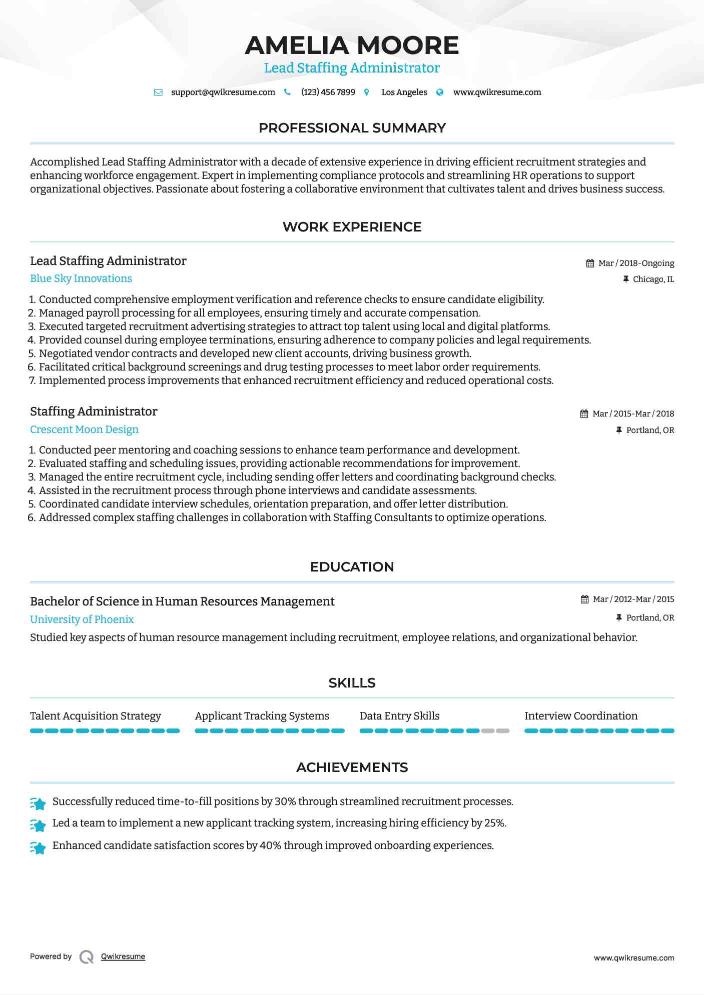 Lead Staffing Administrator Resume Model